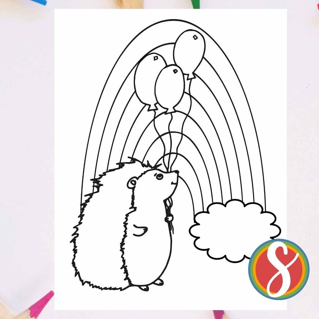 hedgehog coloring page with rainbow and cloud