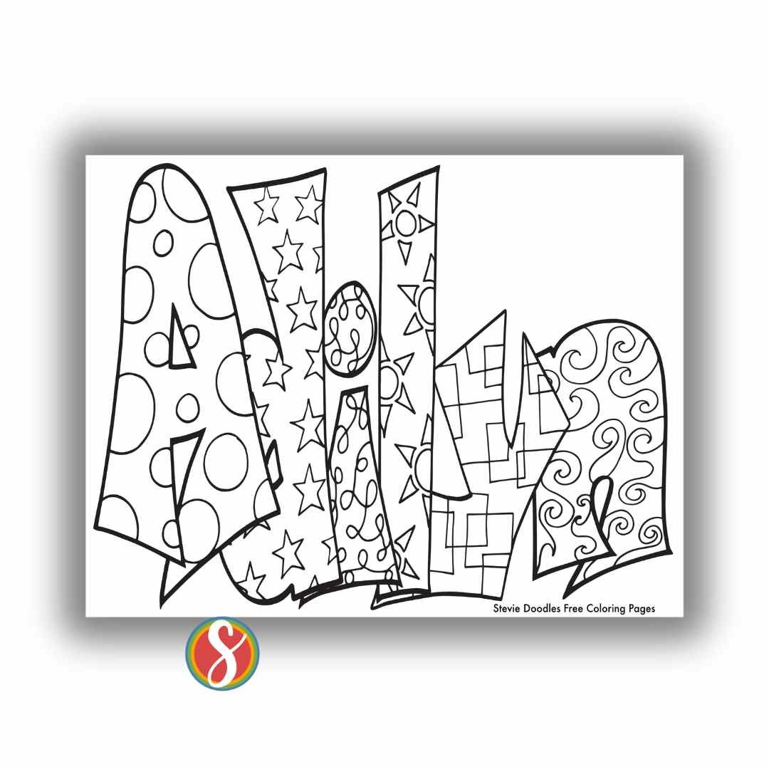 bubble letters "Adilyn" with doodles inside to color
