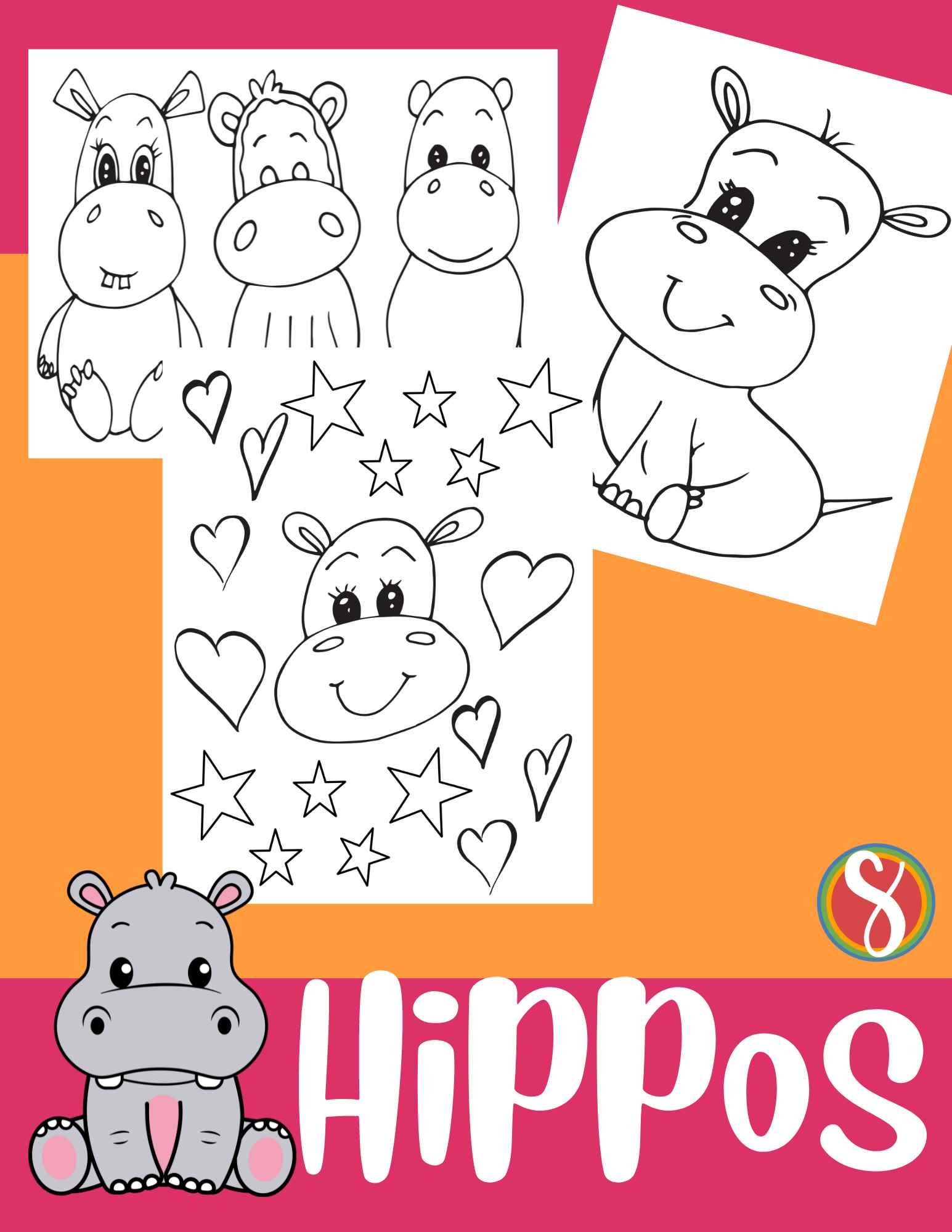 collage of cute hippo coloring pages