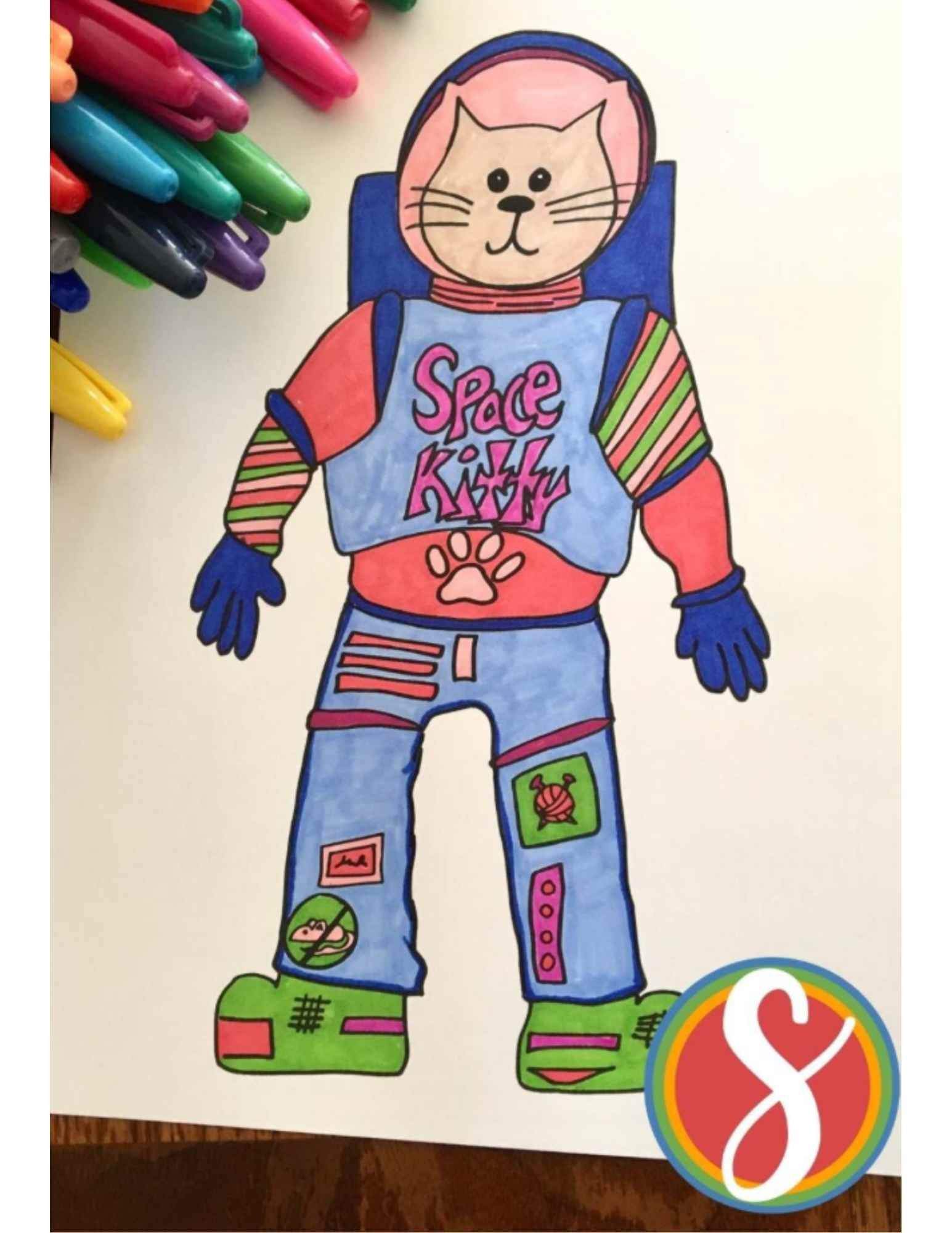 cat coloring page with cat in astronaut suit that says "space kitty" on its chest