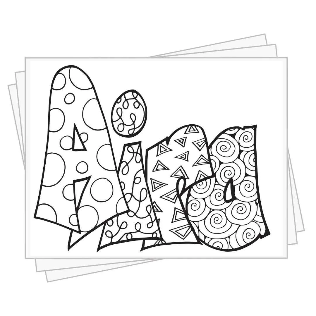 bubble letters "Aira" with doodles inside to color