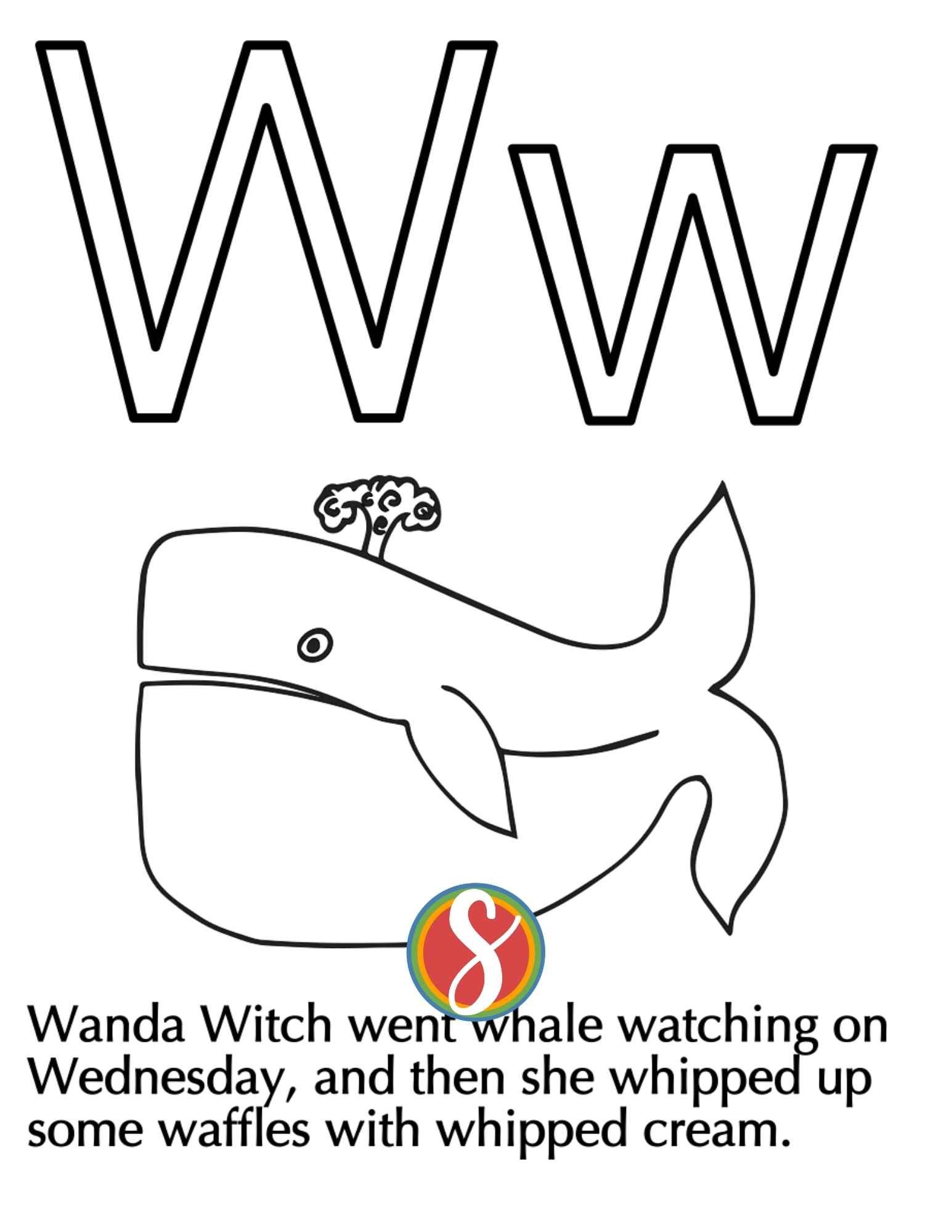 a capital w and a lower case w with a simple whale coloring page