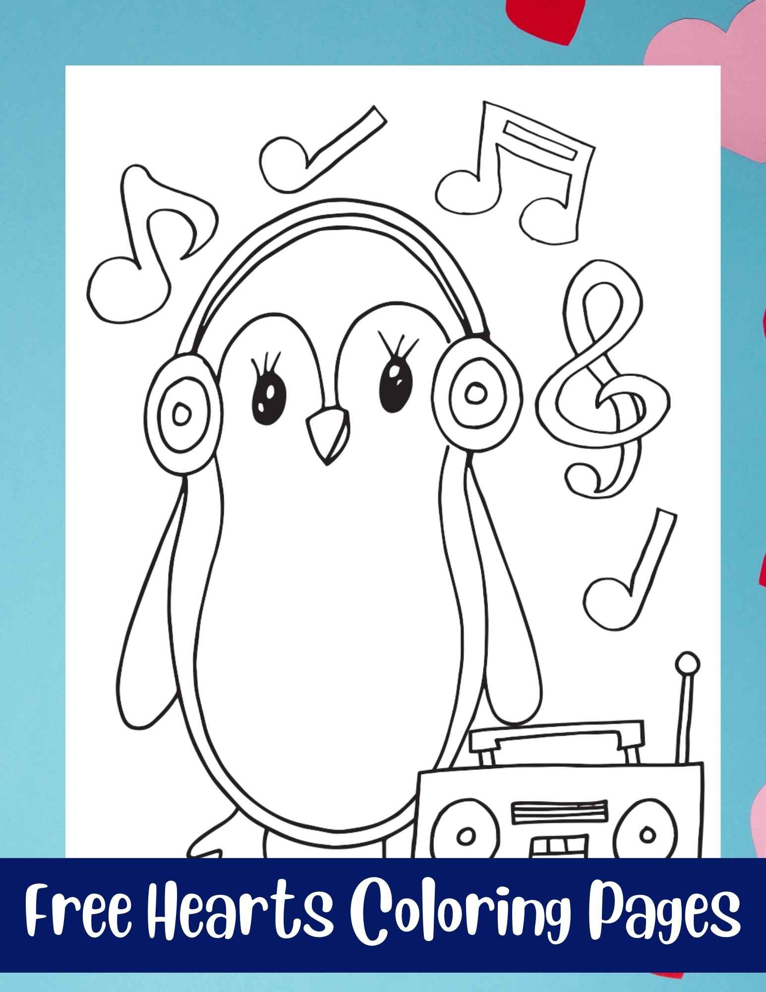 penguin wearing headphones with boombox and music notes colorable