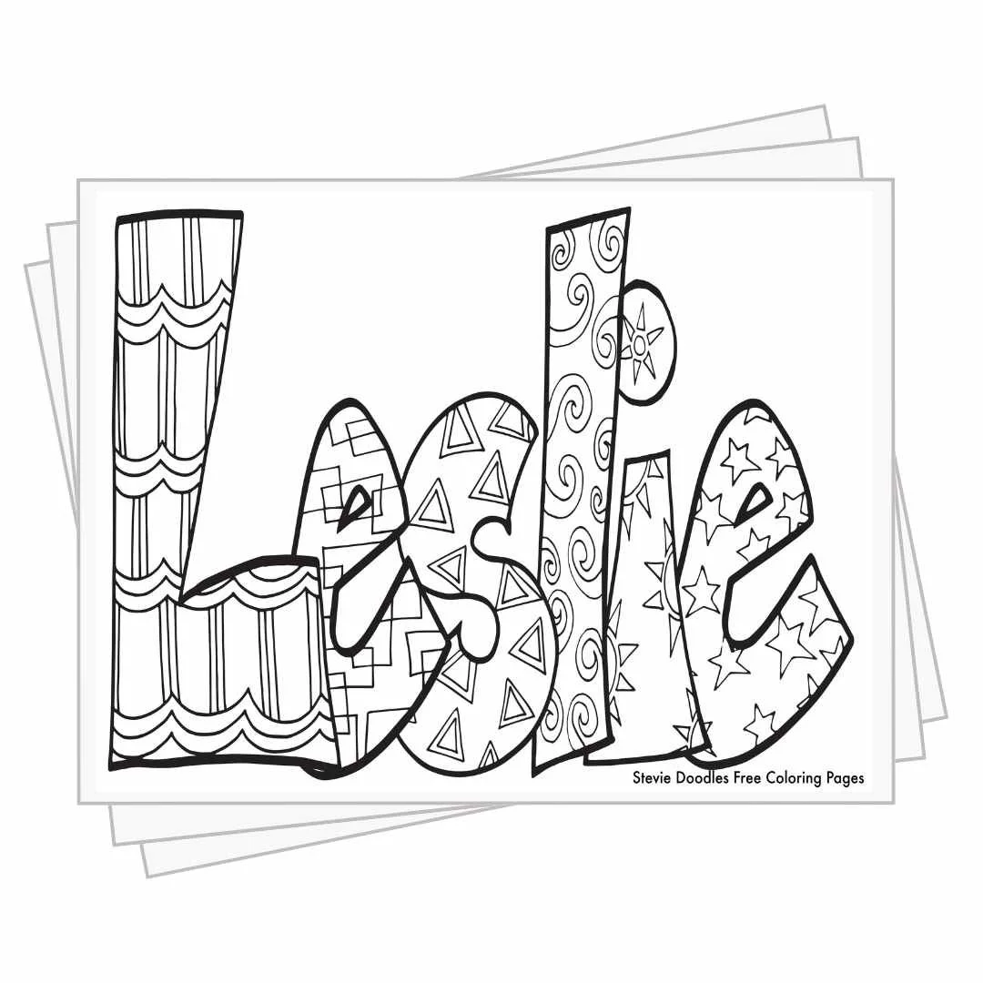 bubble letters "Leslie" with doodles inside to color