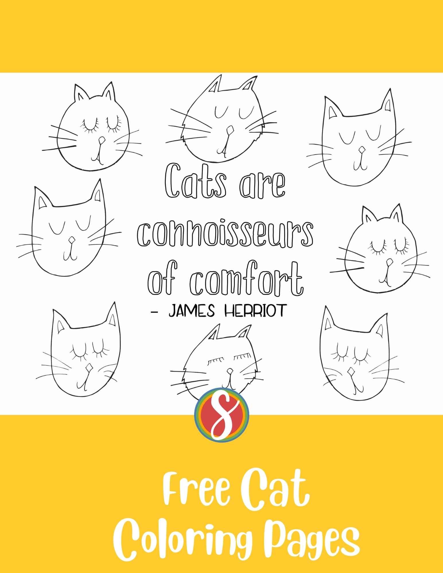 cat quote surrounded by cat faces on a coloring page
