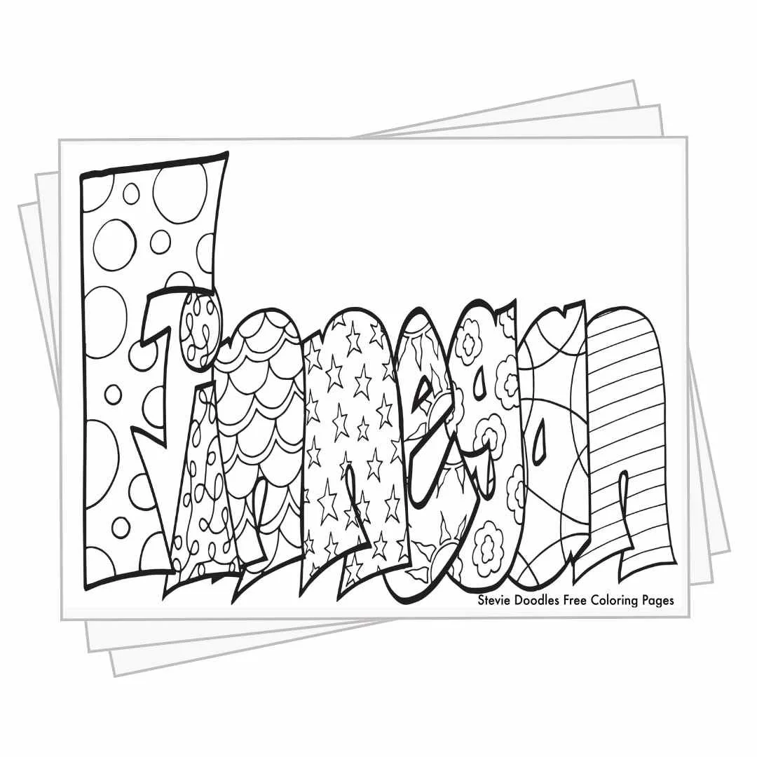 bubble letters "Finnegan" with doodles inside to color