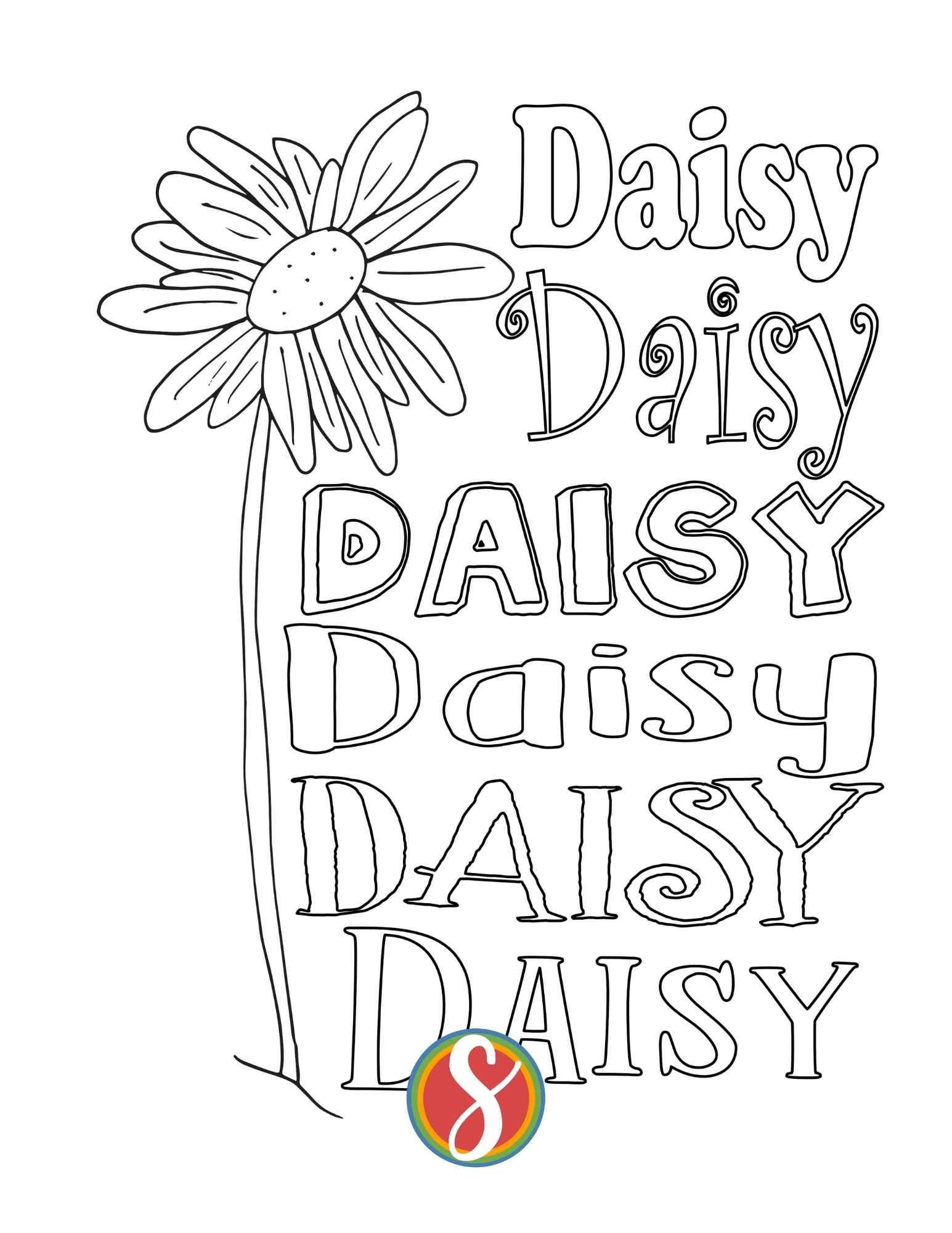 one long stemmed daisy with colorable text "daisy daisy daisy daisy" on a flower coloring page