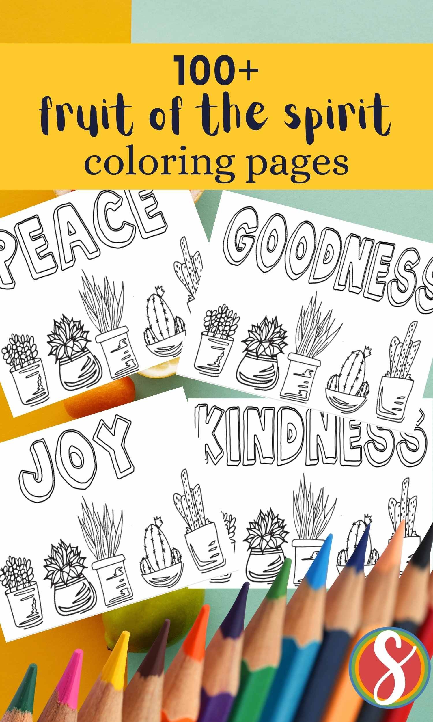 a collage of fruit of the spirit coloring pages, the colorable fruit written above and a line of colorable succulents below