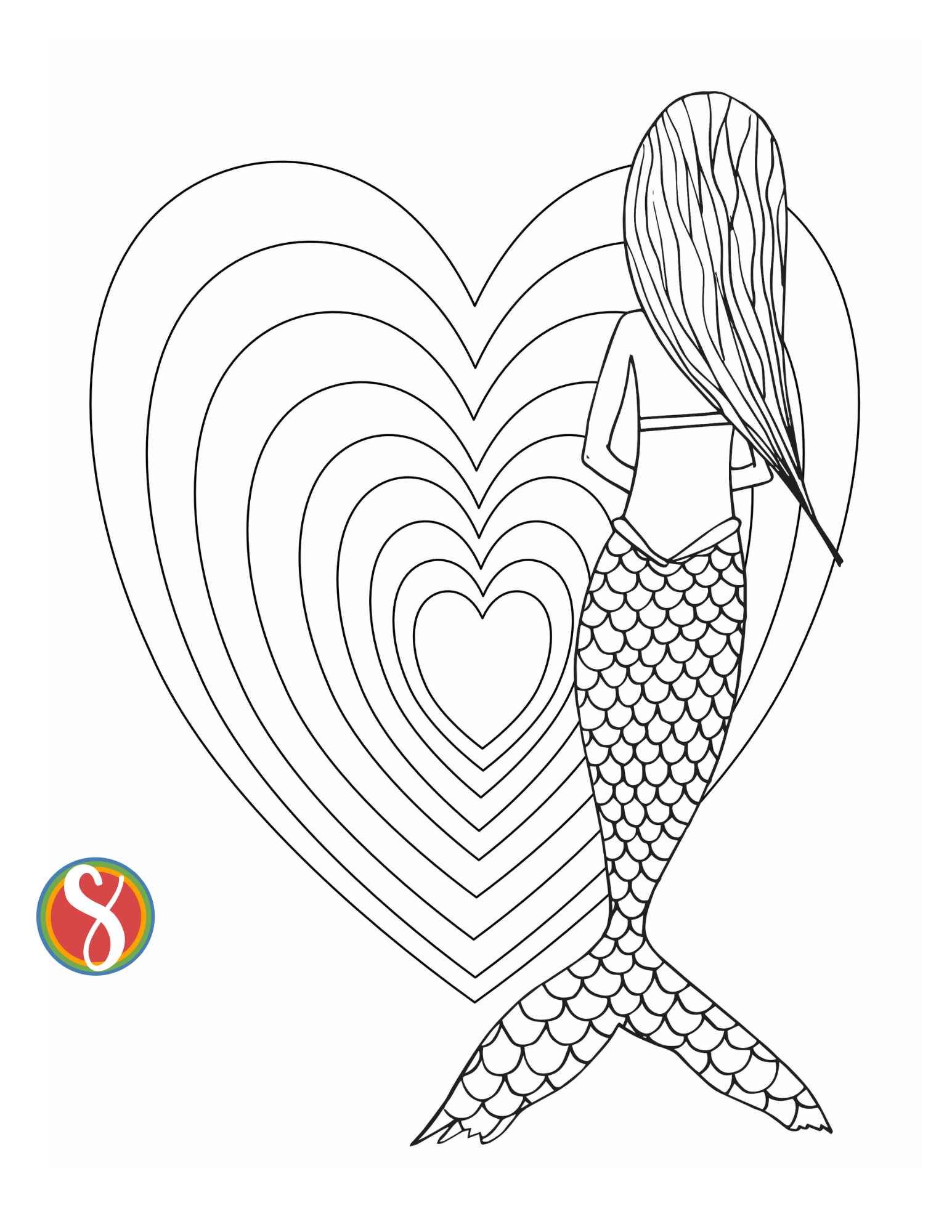 a full body mermaid from the back, she is all colorable with scales on her tail to color. There is a background of 7 hearts to color, each heart fits into a slightly bigger heart