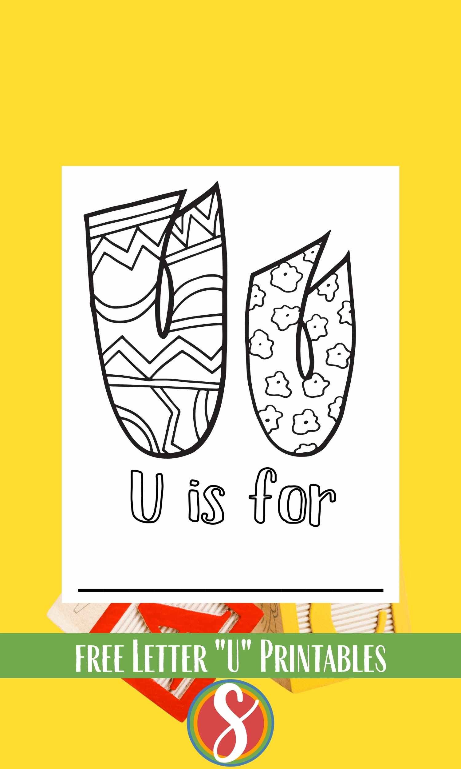 Bubble letters "Uu" with doodles inside to color