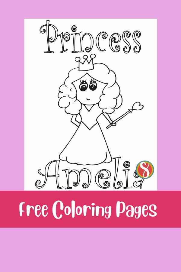 a simple princess centered, above the colorable word "princess" and below is the colorable word "Amelia"