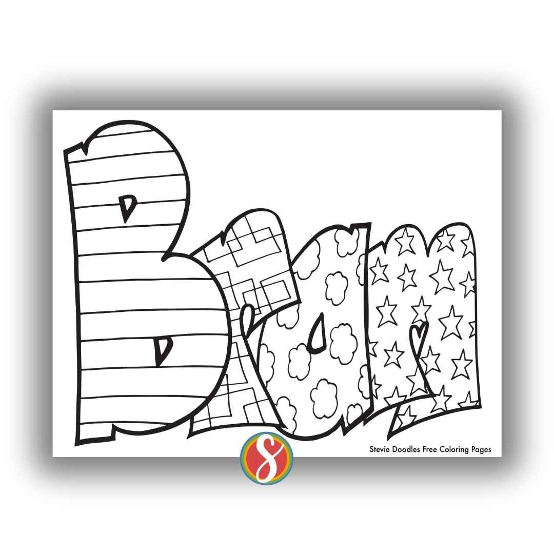 bubble letters 'Bram" with doodles inside to color