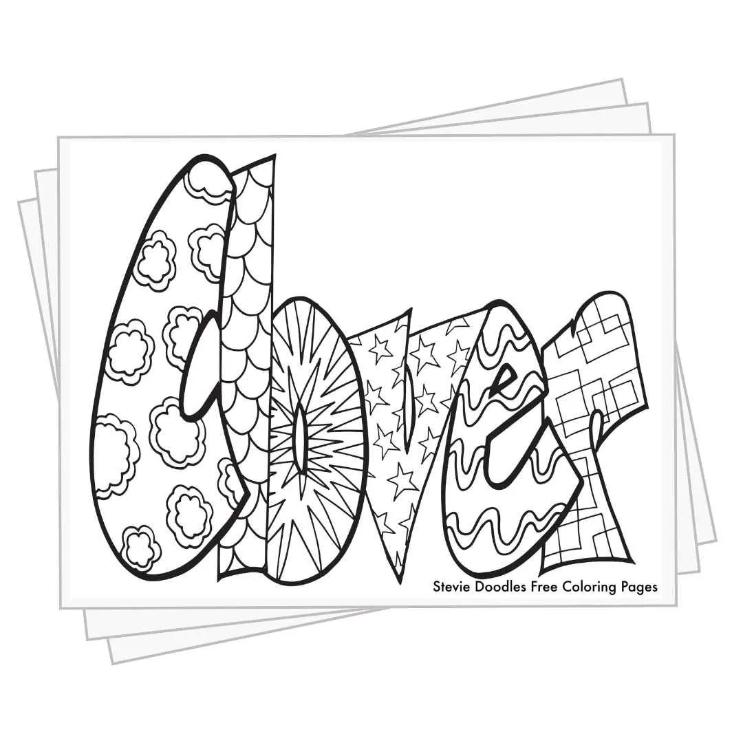 bubble letters "Clover" with doodles inside to color