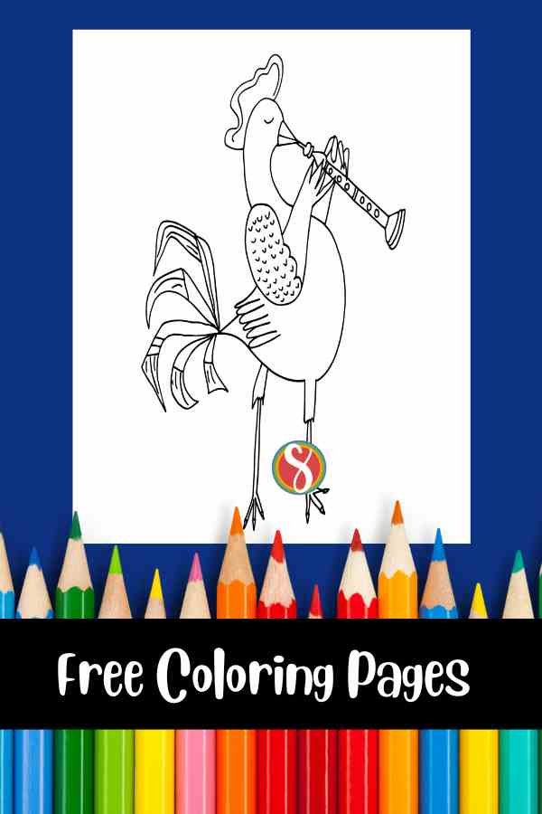 rooster playing an oboe, line art to color
