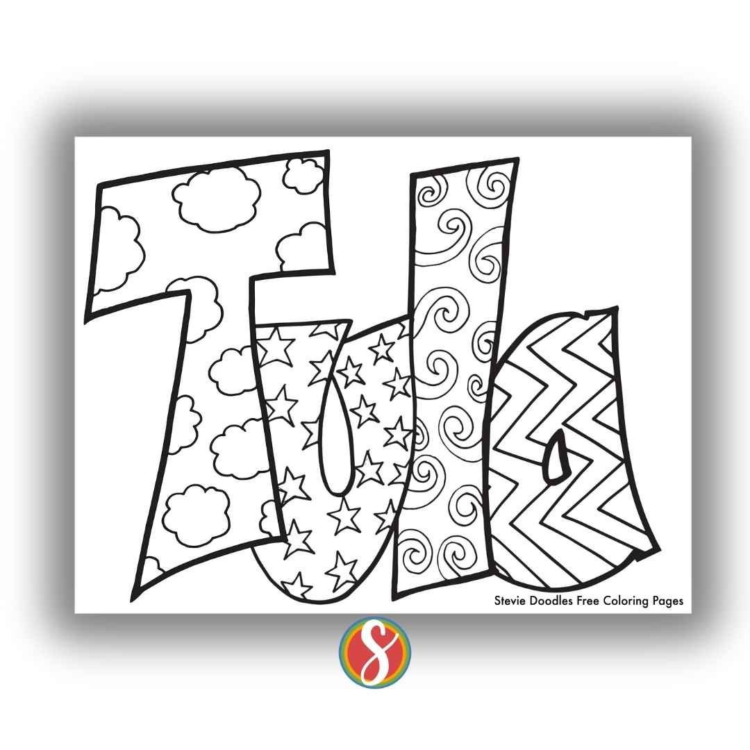 bubble letters "Tula" with doodles inside to color