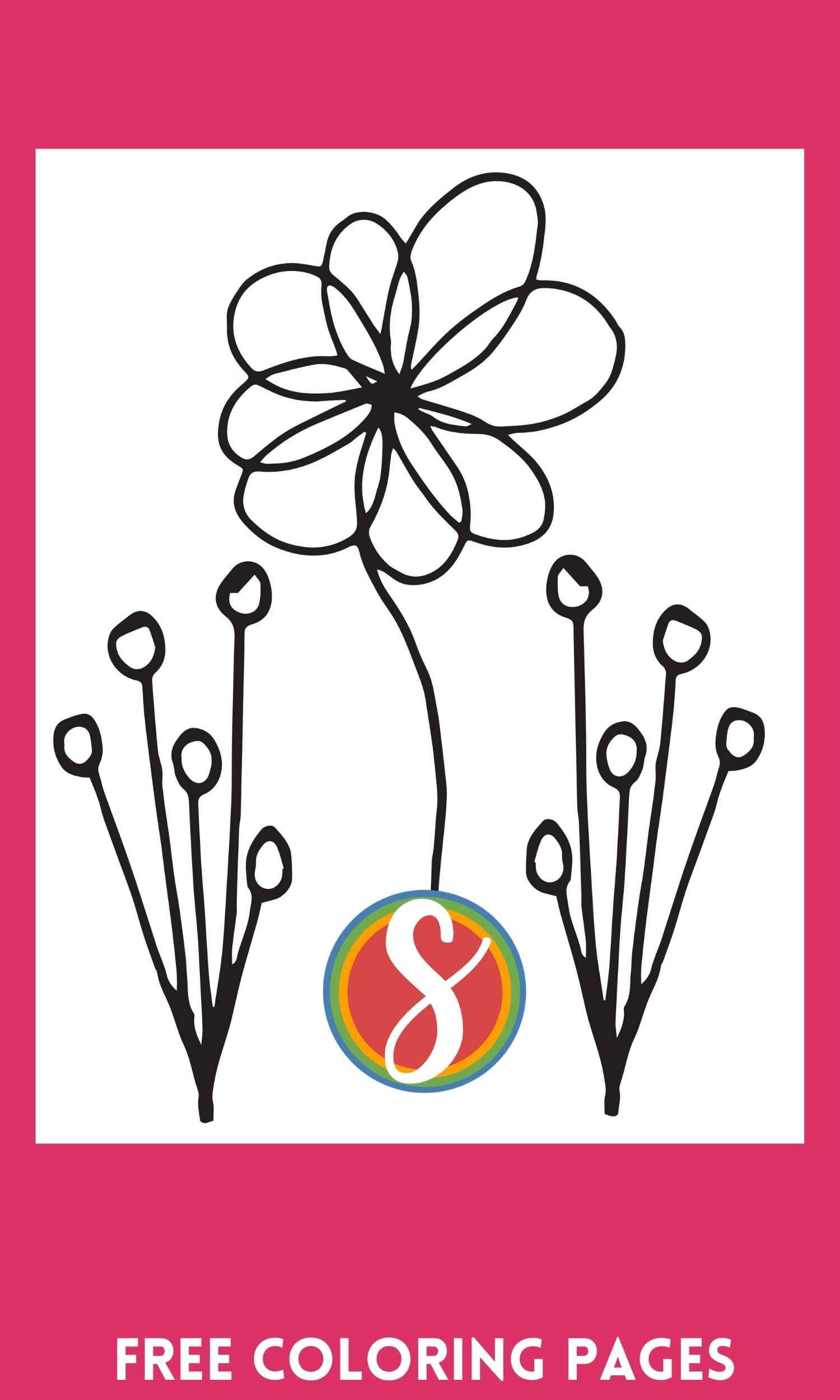 long-stemmed flower with loops for petals centered between to patches of long grass with circles above flower coloring page