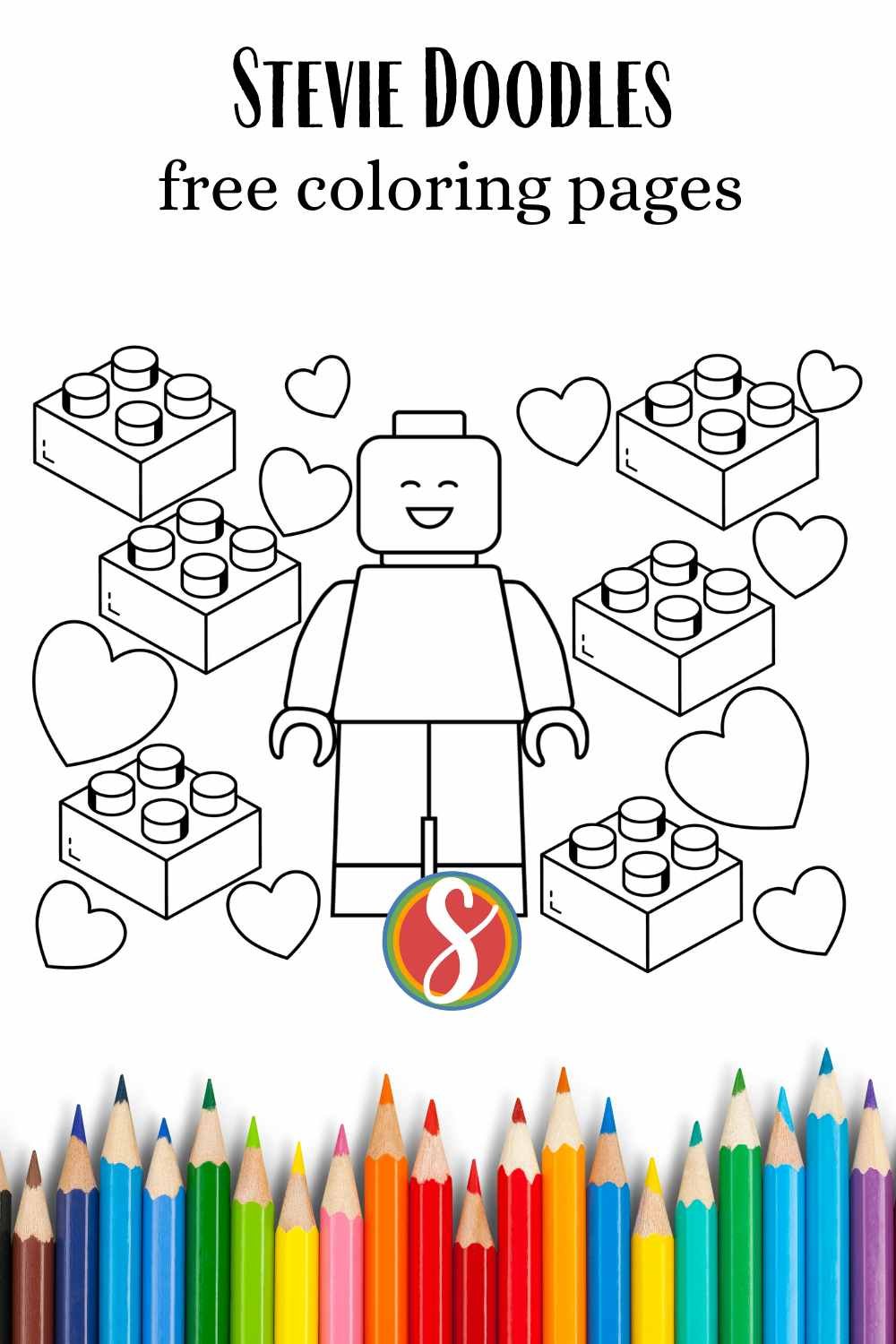 colorable lego centered surrounded by colorable lego bricks and hearts