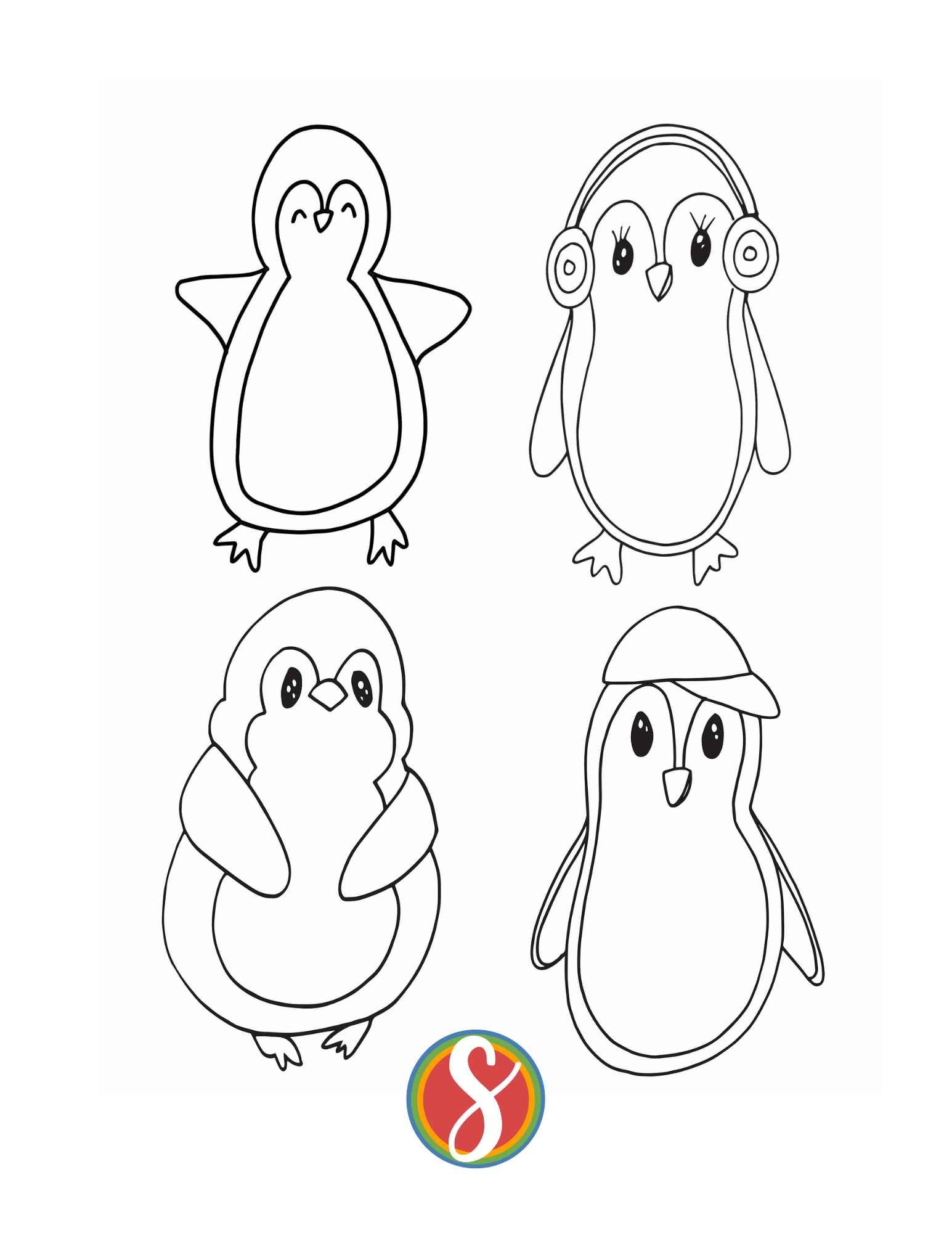A coloring page with 4 simple penguin images. Top left is a simple penguin with wings out and arms closed, top right is a simple penguin with long lashes and headphones, bottom left is a plump penguin, bottom right is a penguin in a baseball cap
