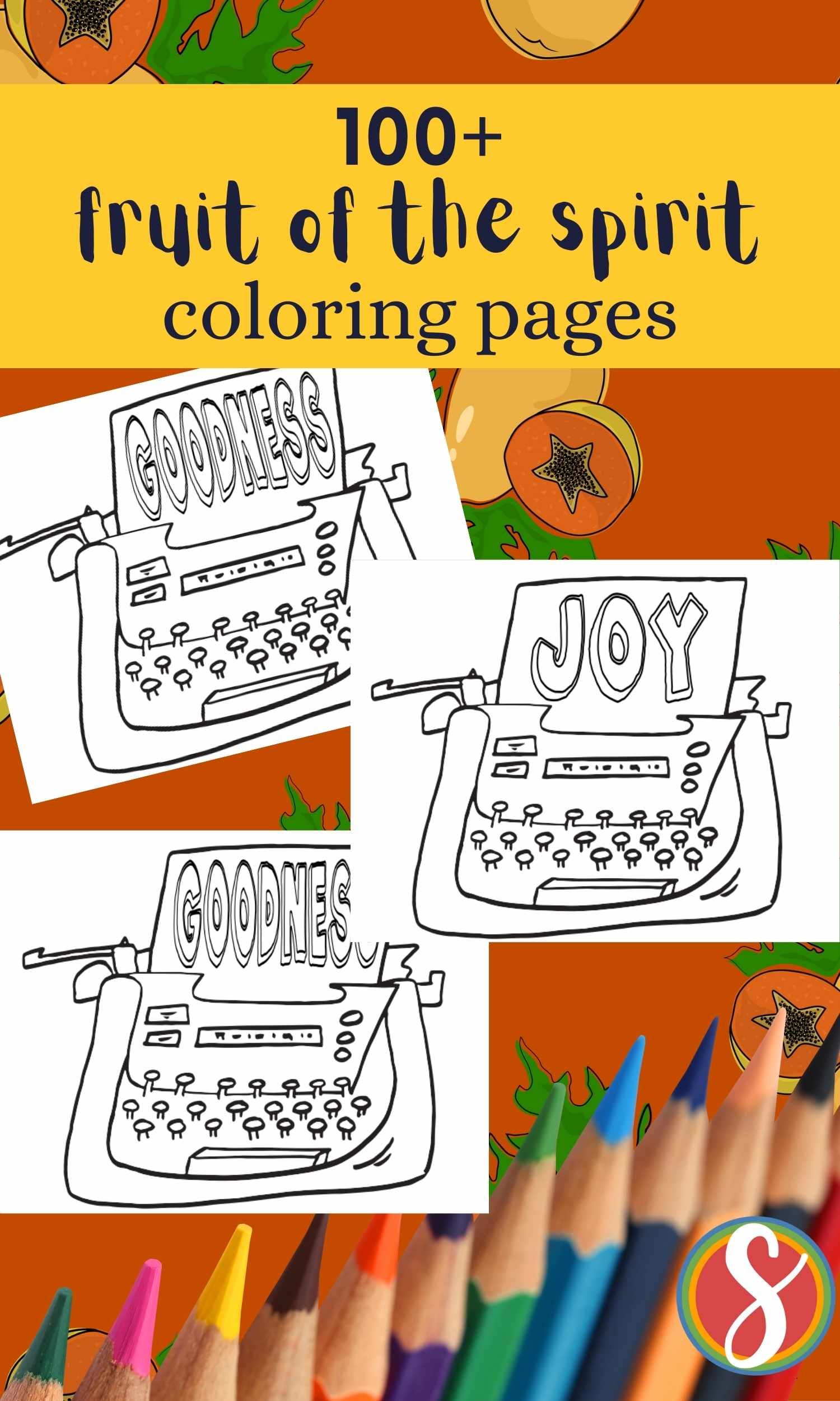 a bunch of fruit of the spirit coloring pages with the fruit written on a page in a typewriter