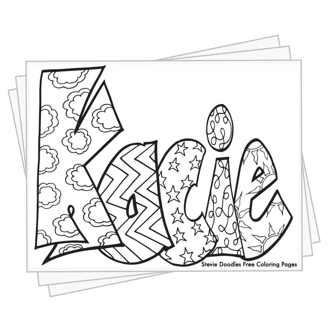 bubble letters "Kacie" with doodles inside to color
