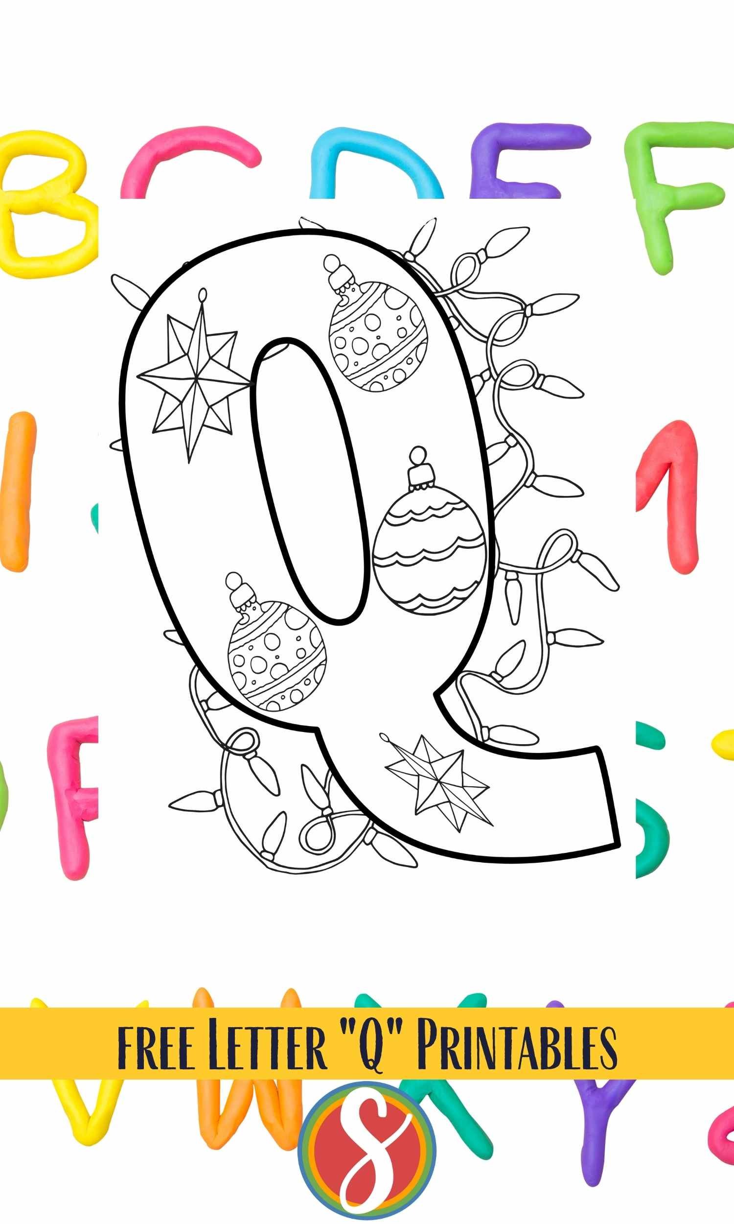 Letter Q outline with christmas ornaments inside and christmas lights surrounding