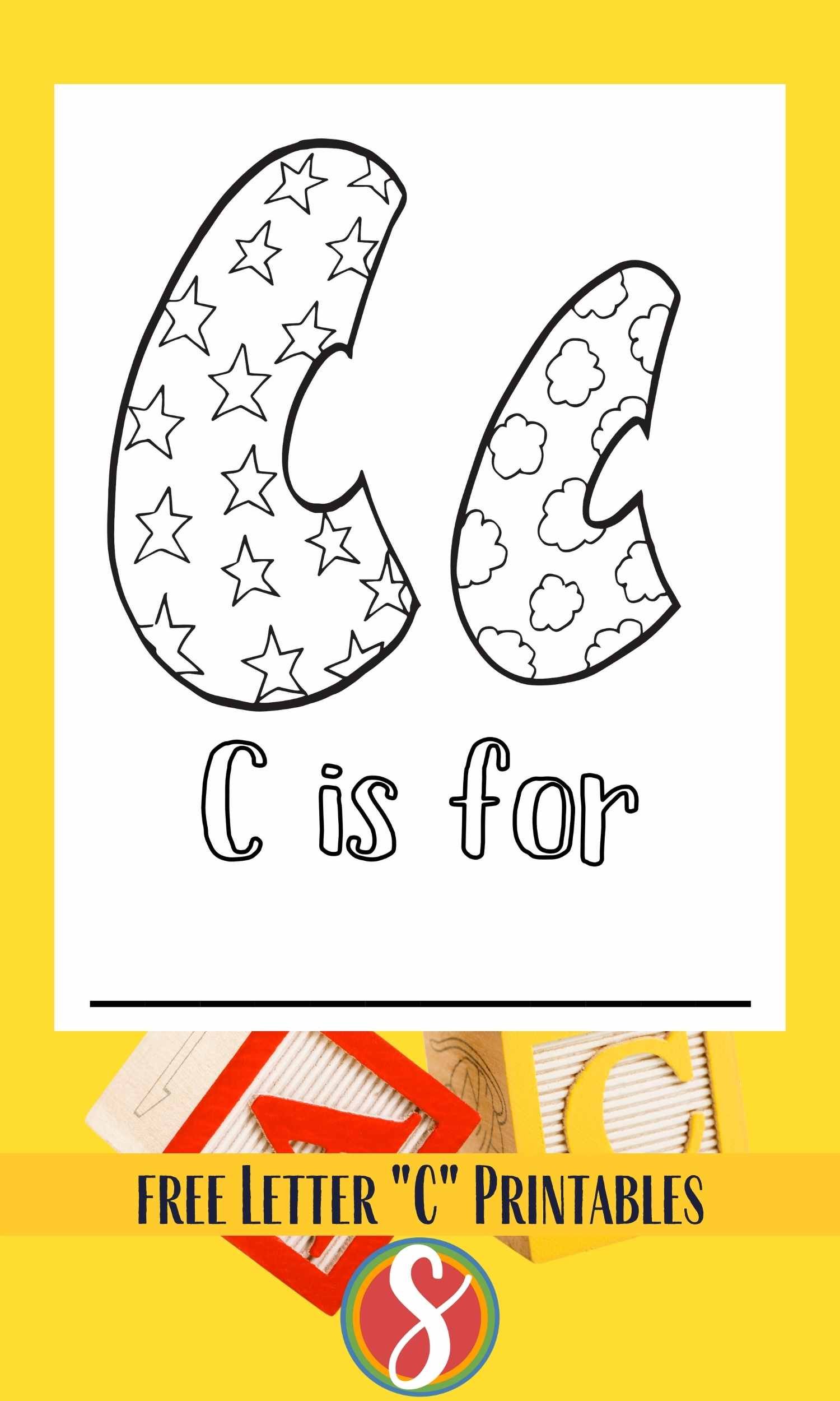 Big letter C with stars inside to color, small letter c with little clouds inside to color