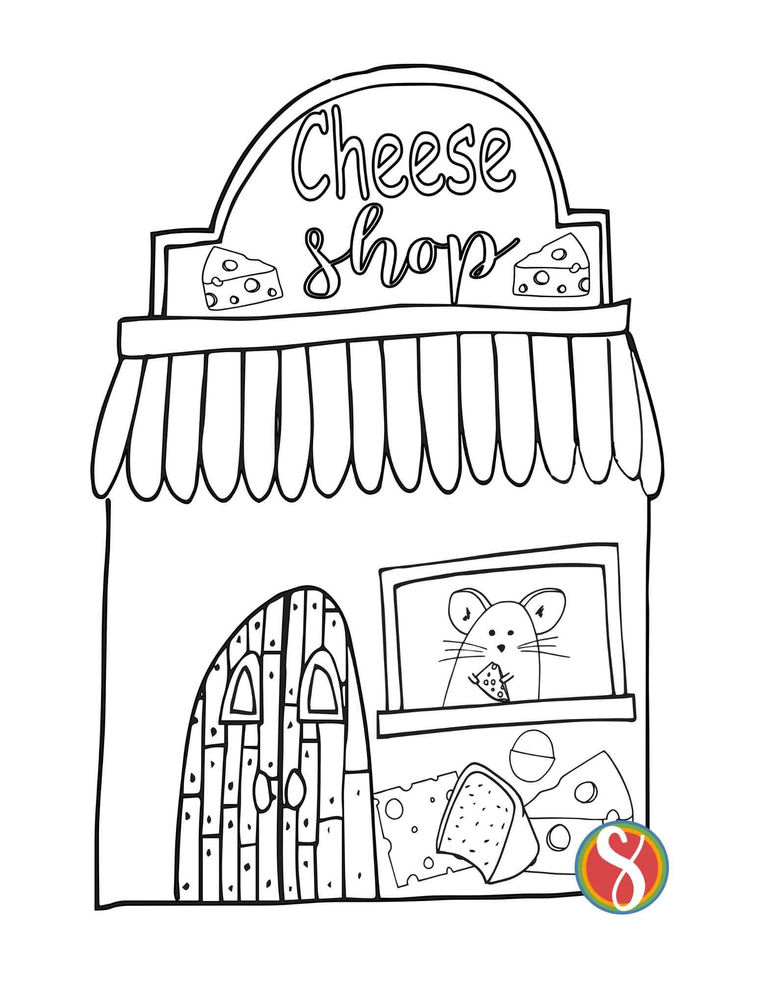 a simple drawing of a cheese shop with a little mouse holding cheese seen through the window
