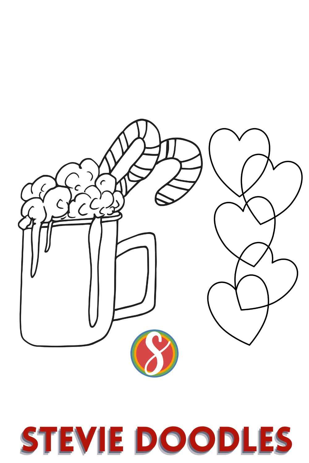 cocoa cup with candy cane on the left, a chain of hearts on the right, a coloring page