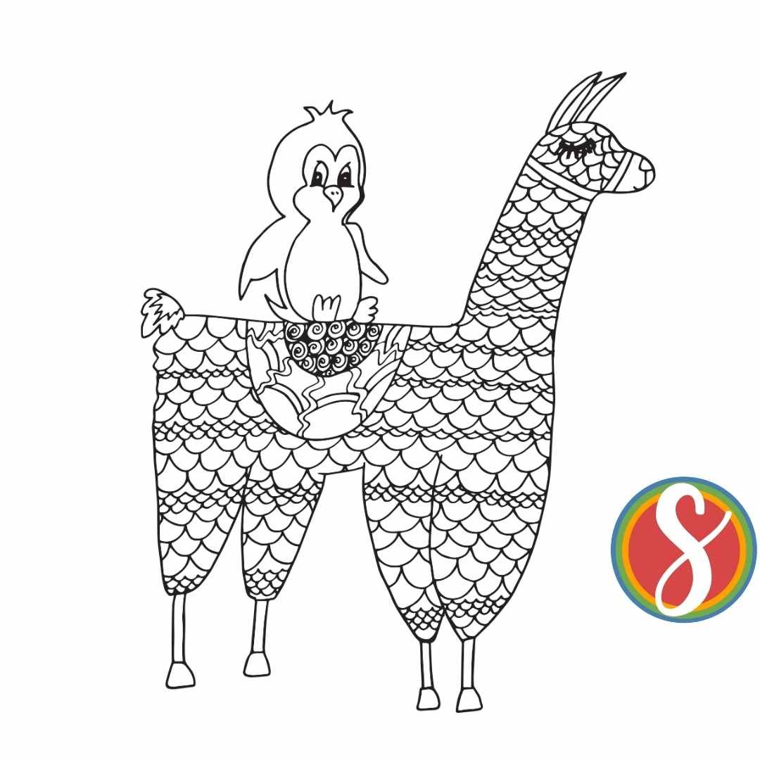 llama coloring page with a doodle-filled llama and a simple little penguin on his back