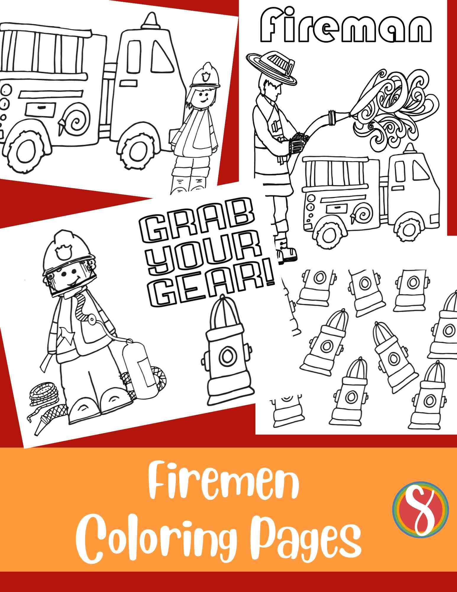 a collage of firemen and firetruck coloring pages