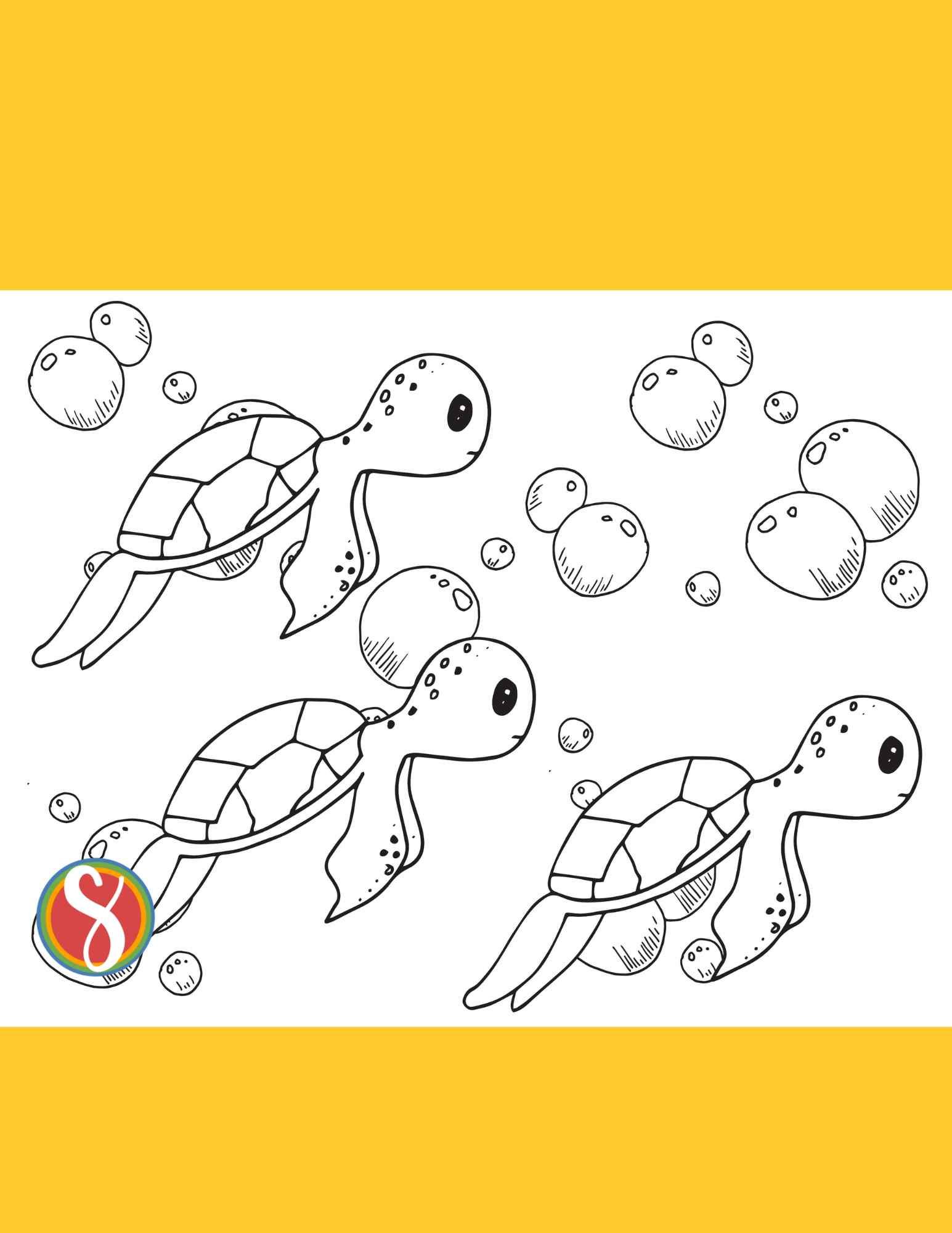 3 identical turtle drawings to color with a background of colorable bubbles