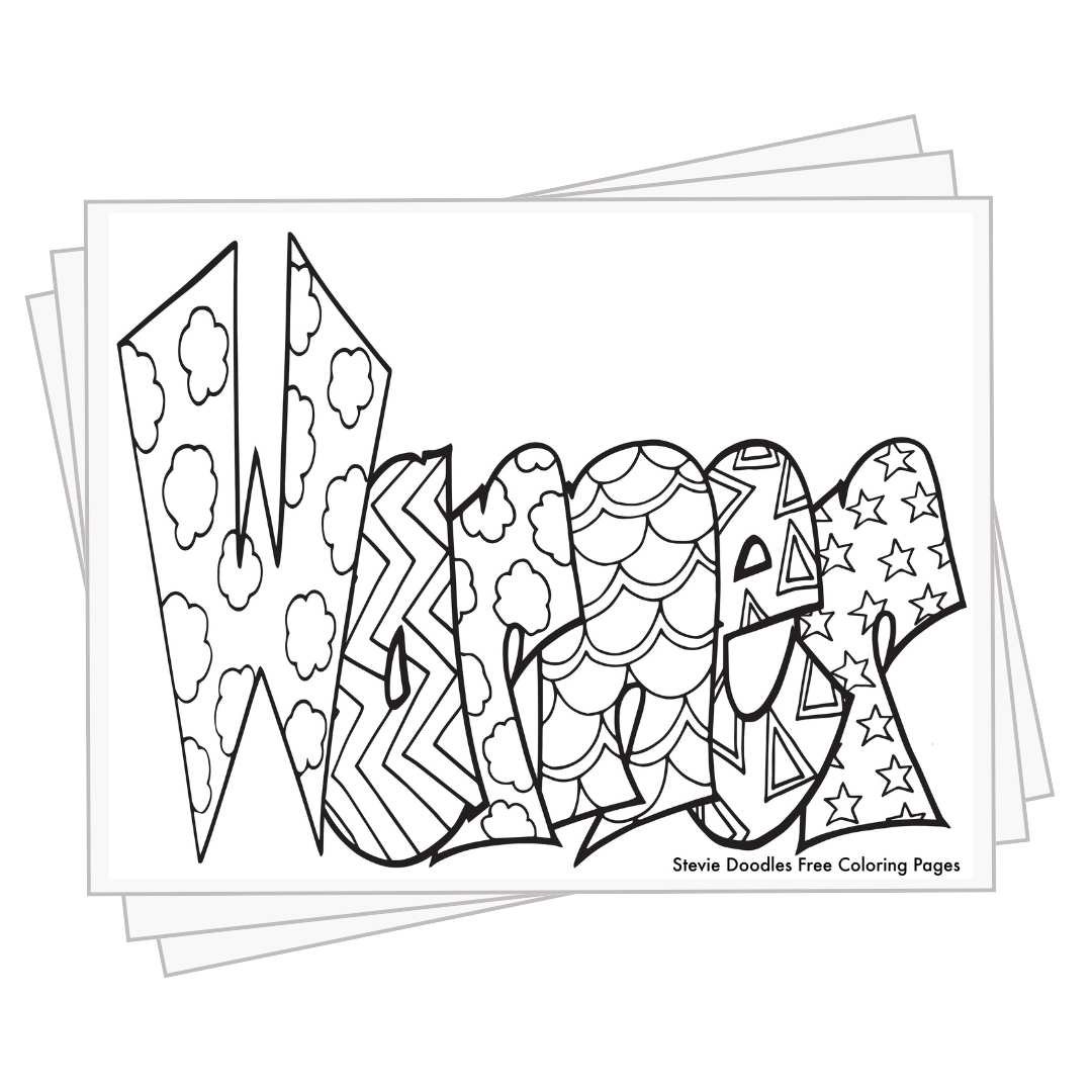 bubble letters "Warner" with doodles inside to color