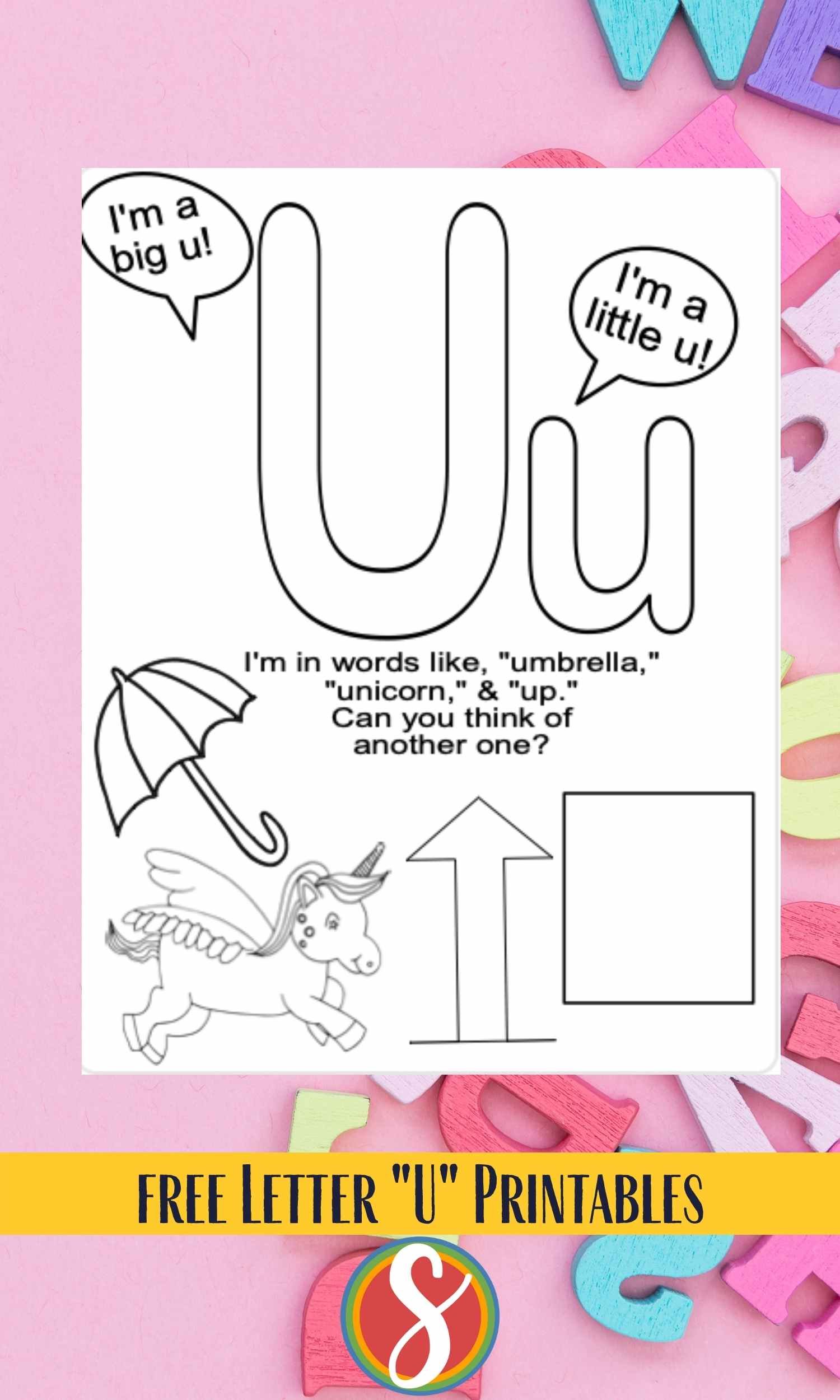 Outline of letters "Uu" with colorable images of unicorn, up arrow, umbrella