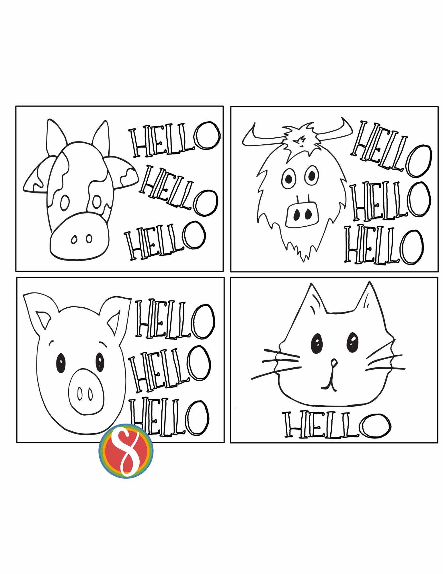Image is a coloring page with 4 boxes, each box has a cute animal head (1 cow, 1 ox, 1 pig, 1 cat) and each has the colorable word "hello"