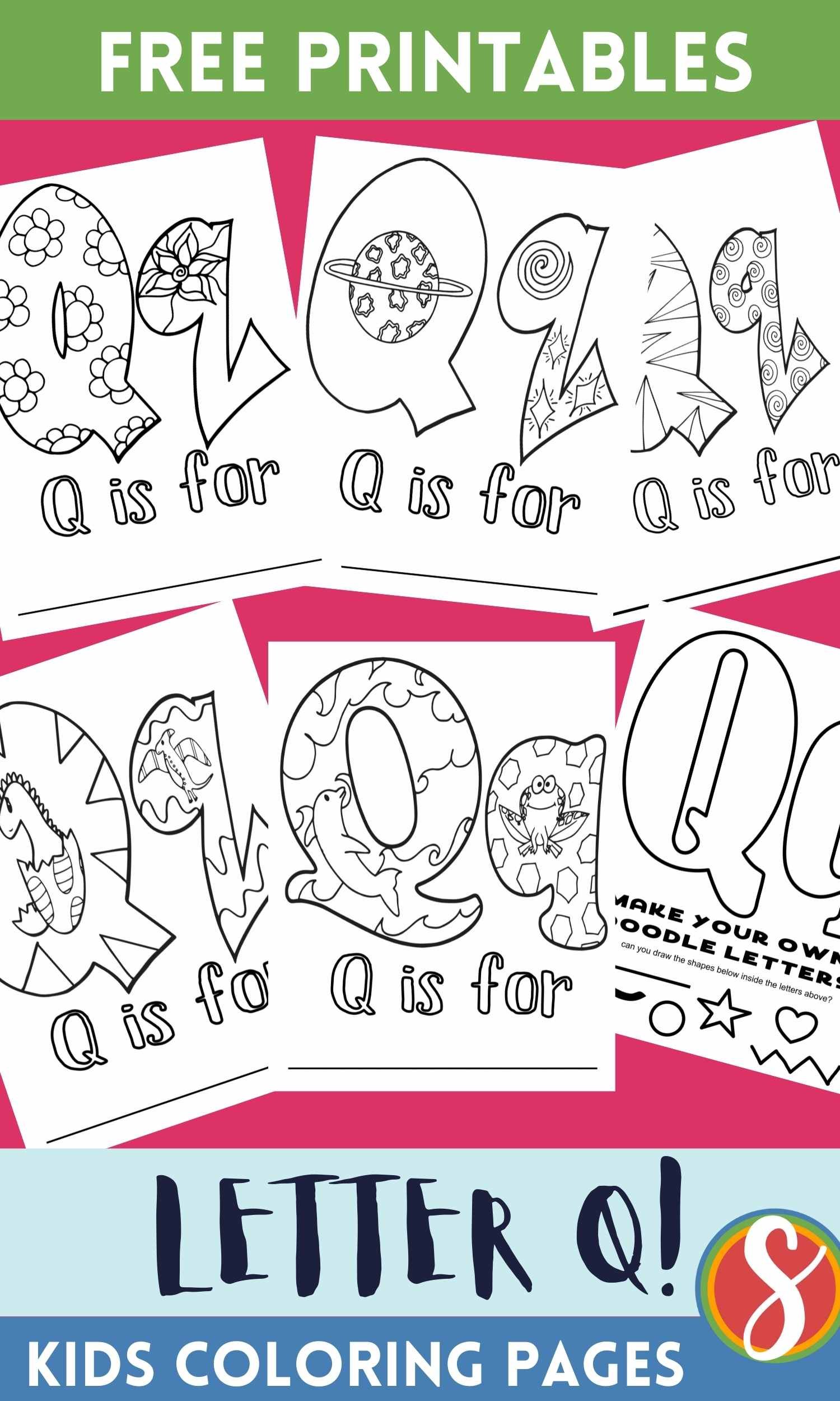 collage of letter q coloring page