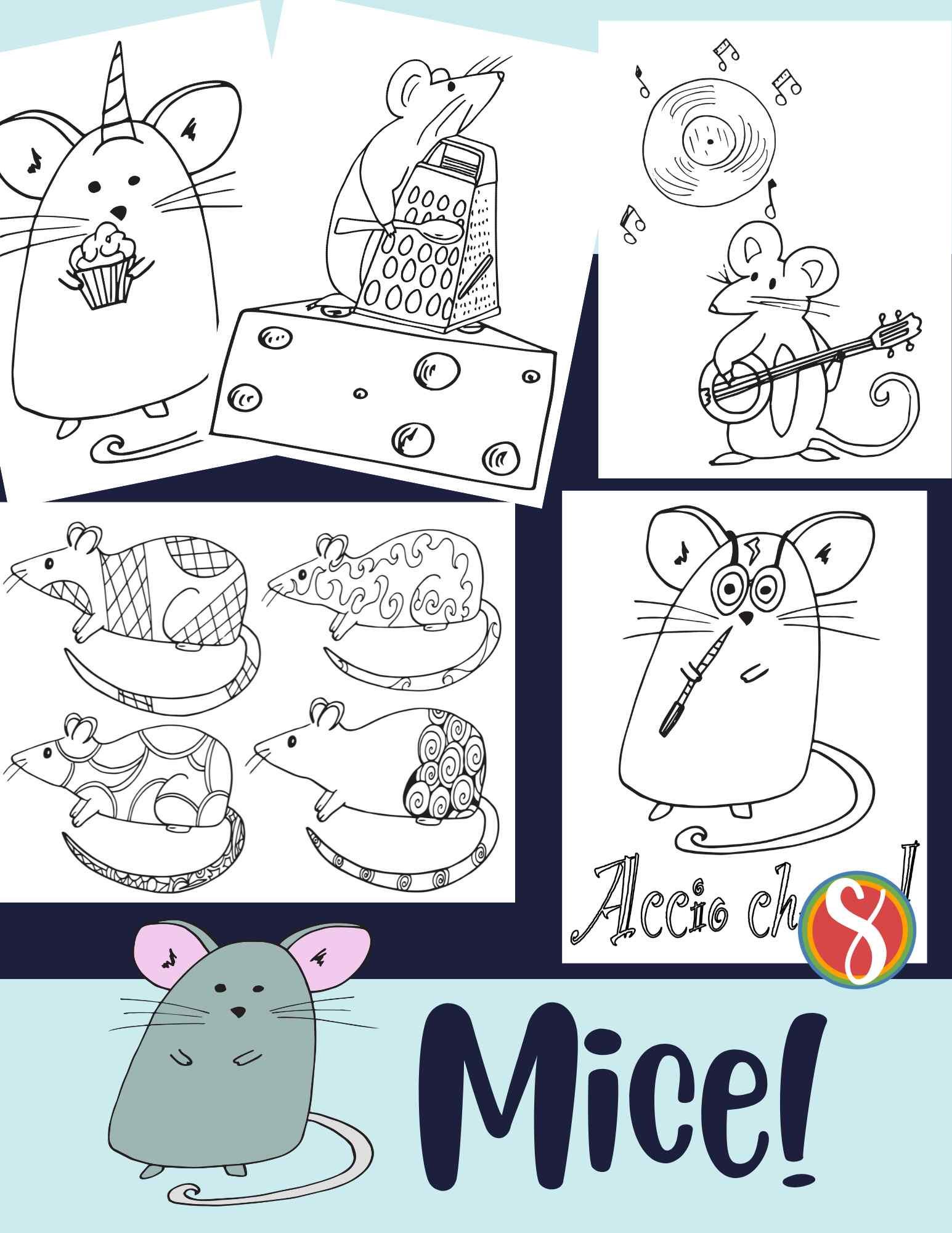 collage of cute mice coloring pages