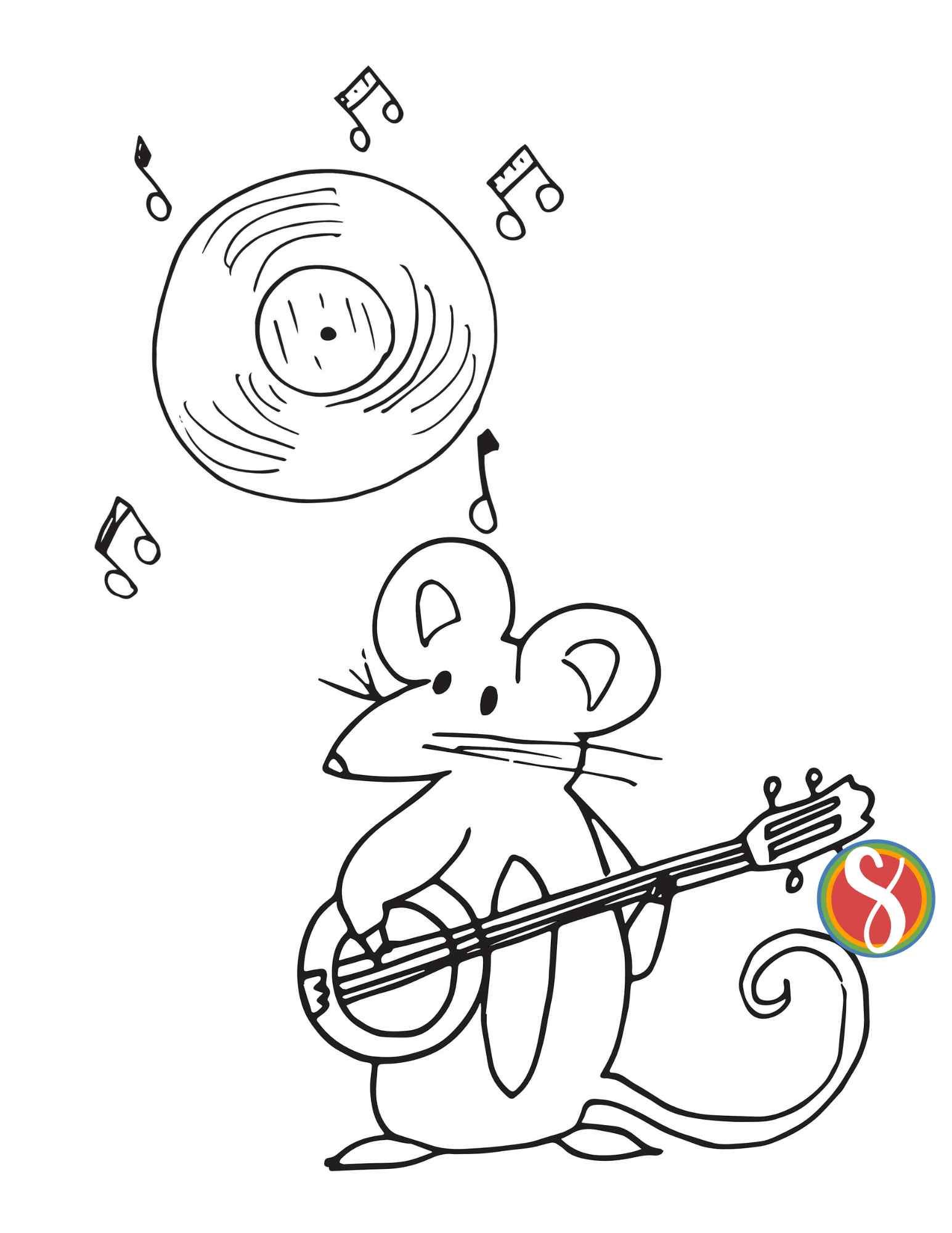 mouse coloring page, mouse playing mandolin, record, music notes
