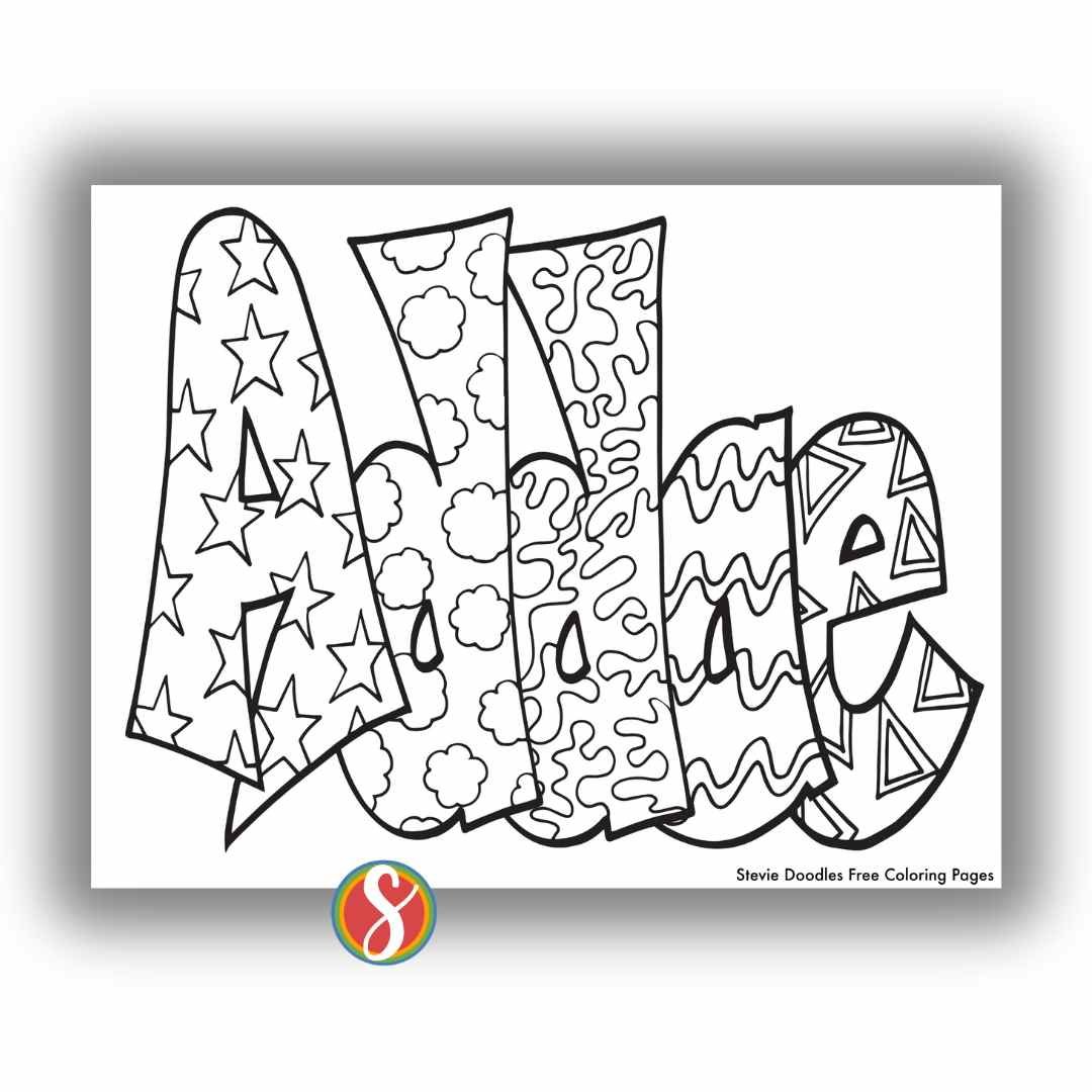 bubble letters "Addae" with doodles inside to color