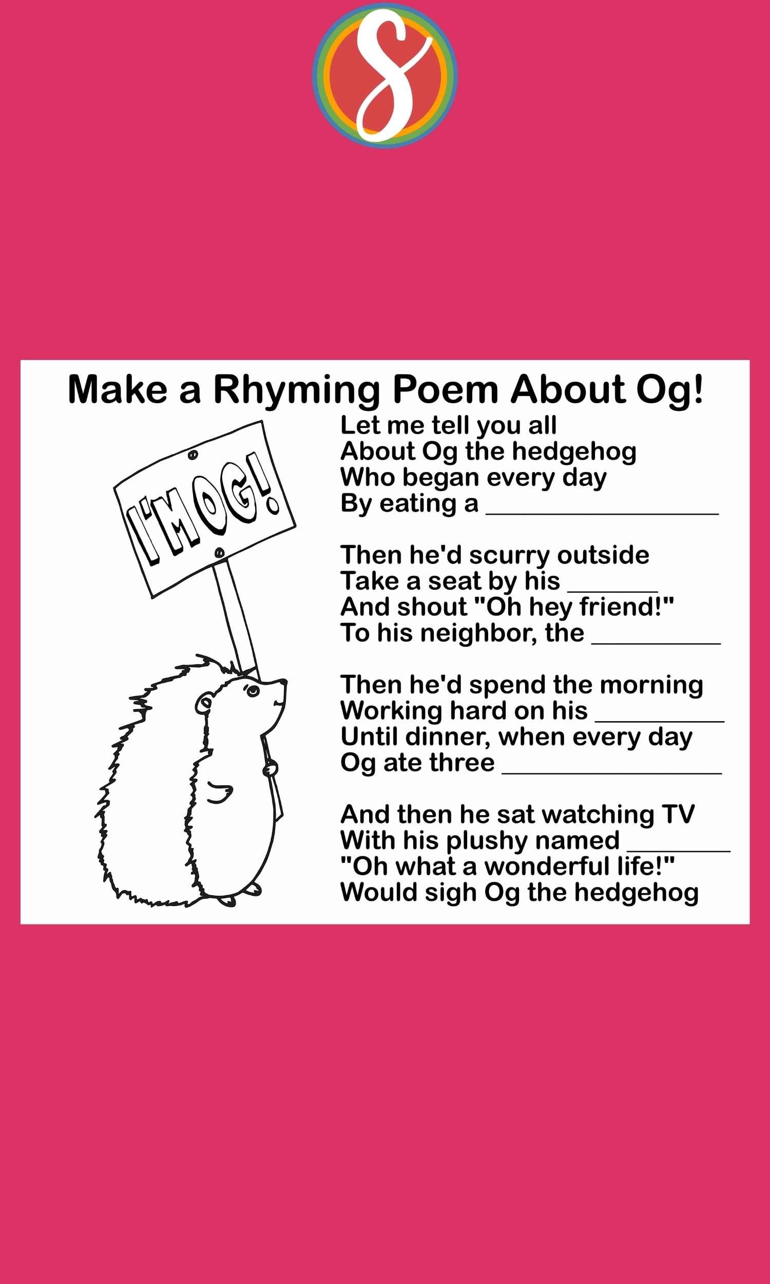 Hedgehog coloring page with a write your own poem activity