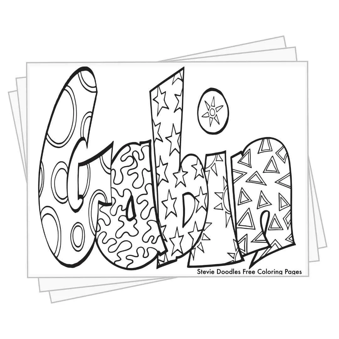bubble letters "Gabin" with doodles inside to color