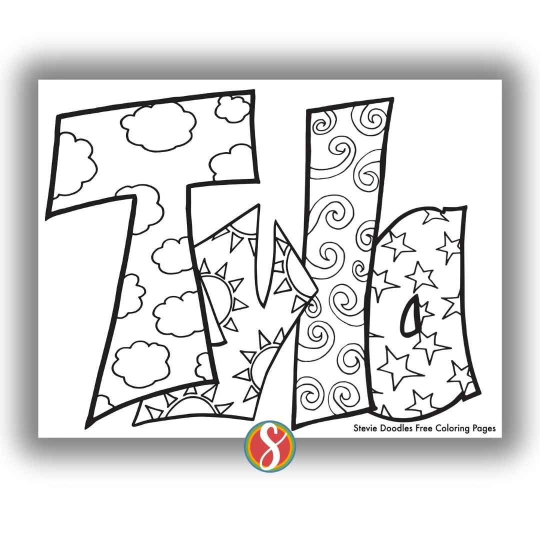 bubble letters "Tyla" with doodles inside to color
