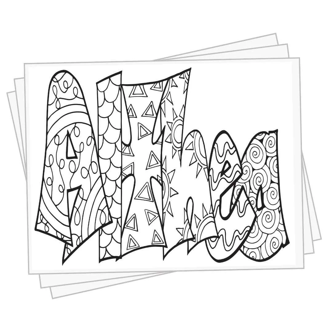 bubble letters "Althea" with doodles inside to color