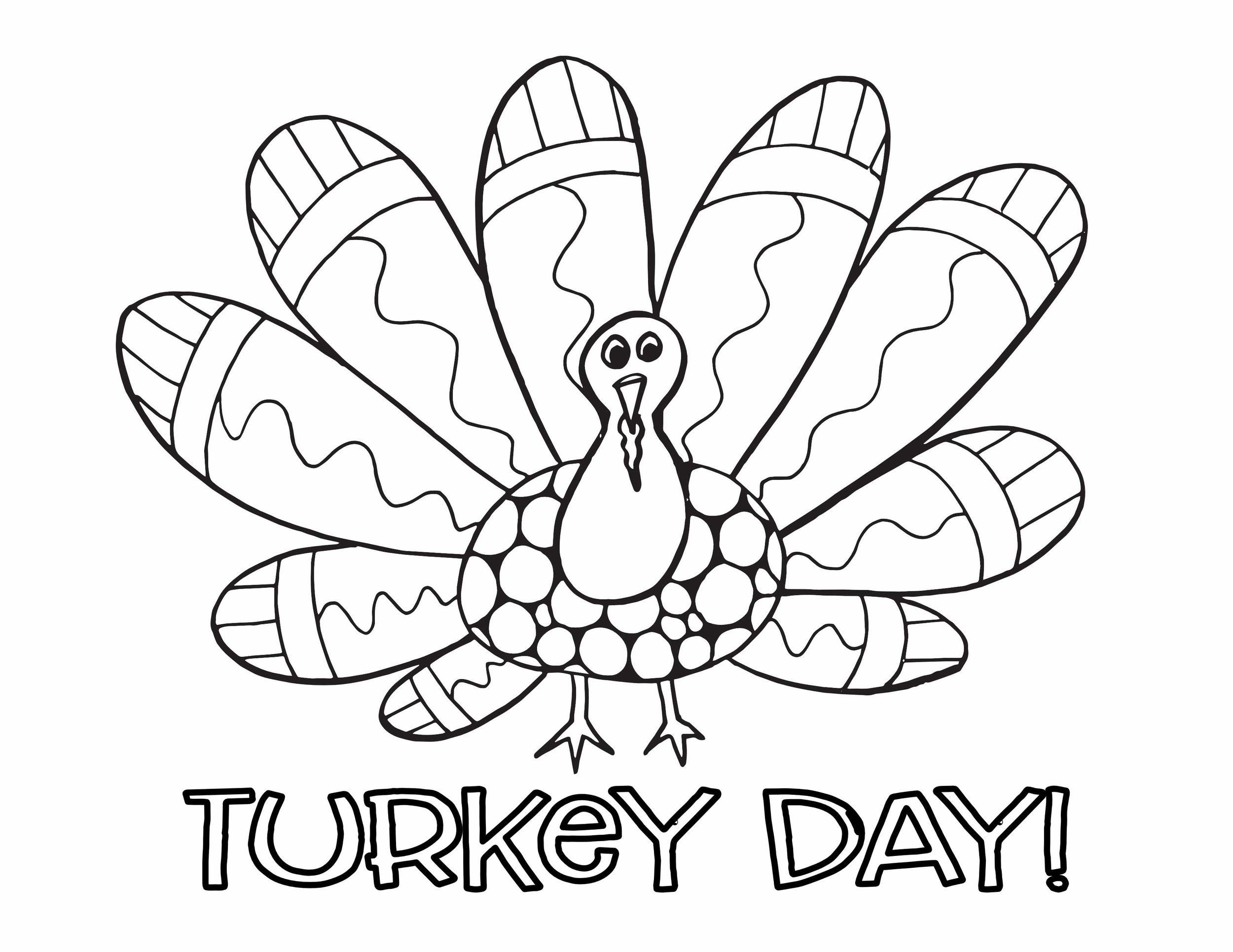 simple turkey drawing with doodles inside to color, colorable text "turkey day" underneath