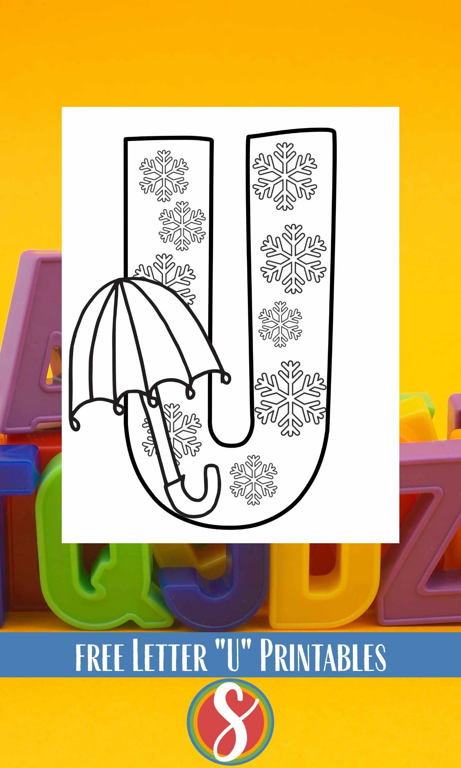 Big bubble letter U with snowflakes inside to color and and umbrella