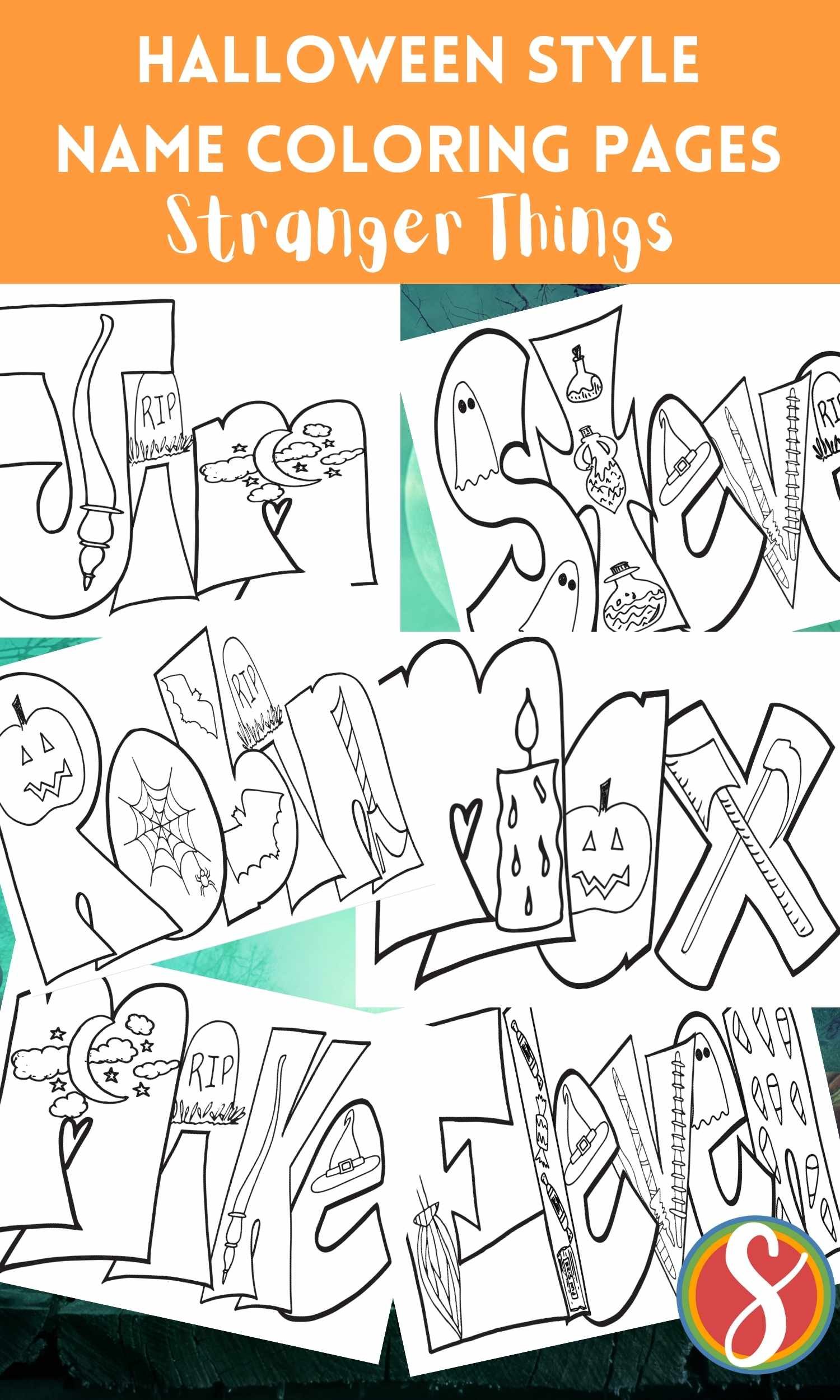 collage of stranger things name coloring pages - bubble letter names with halloween doodles inside to color