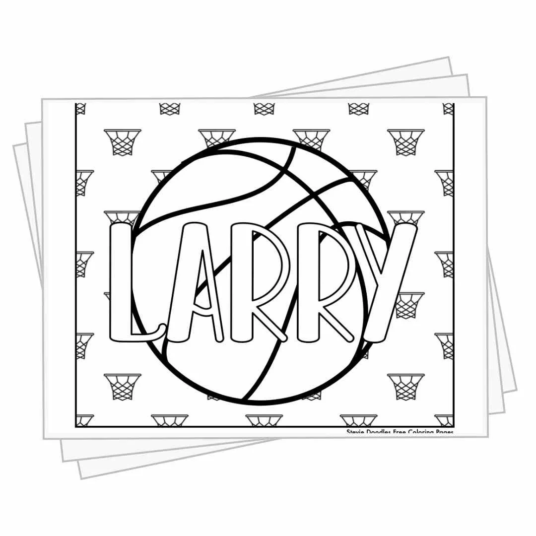bubble letters "Larry" in front of basketball elements to color