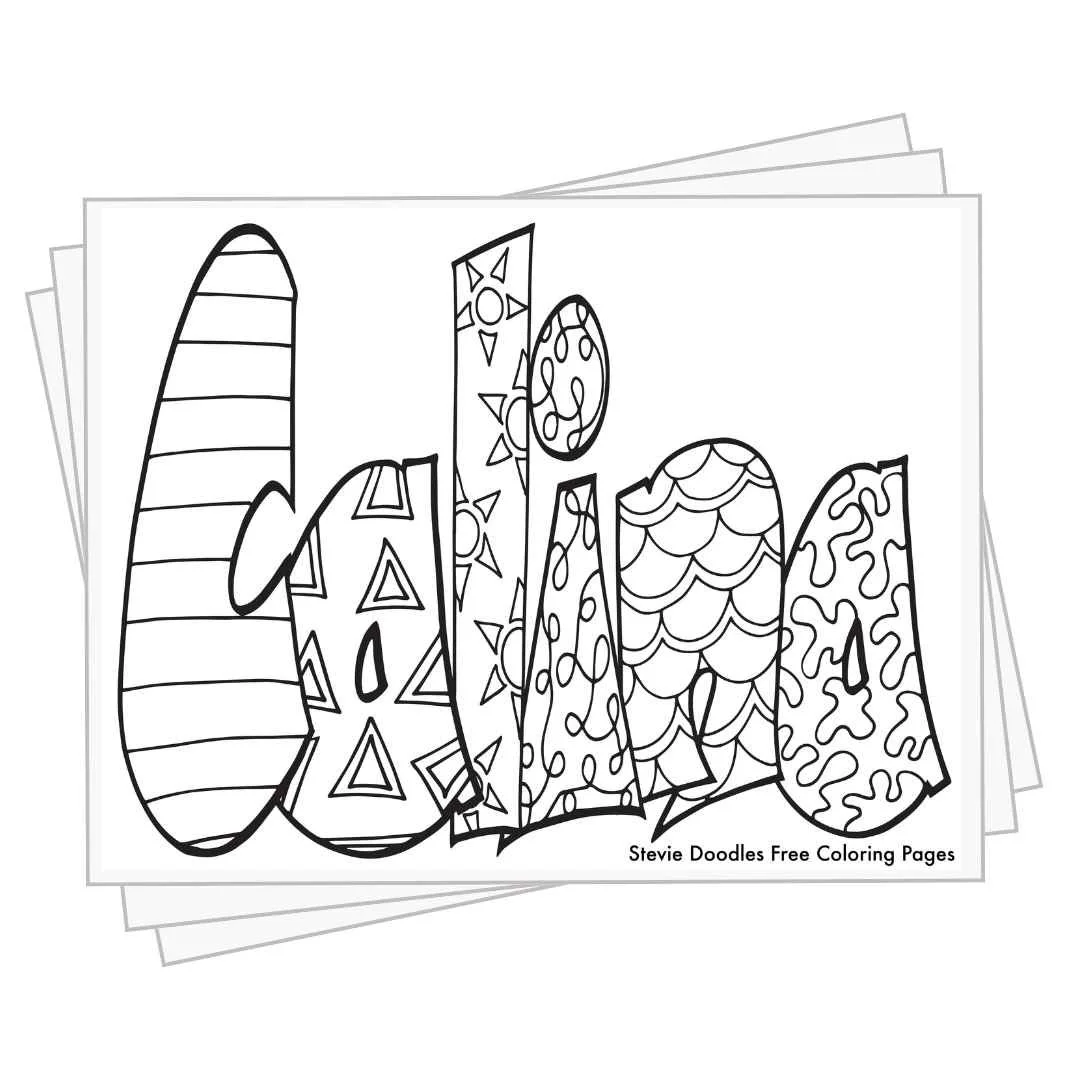 bubble letters "Calina" with doodles inside to color