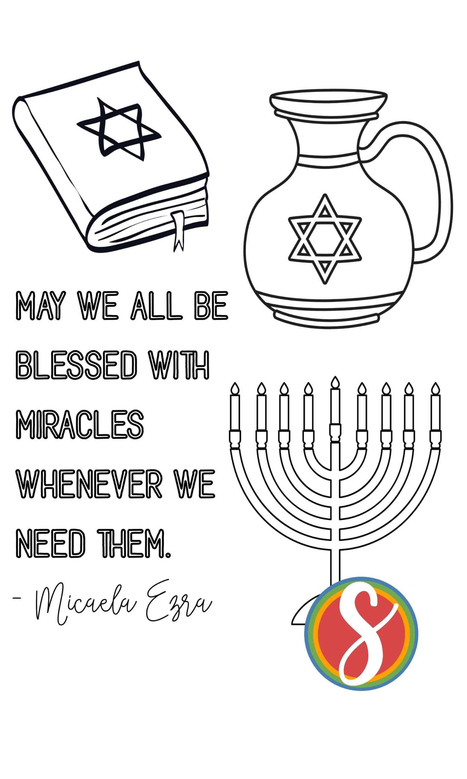 Hanukkah quote coloring page with manorah, oil jug, and torah