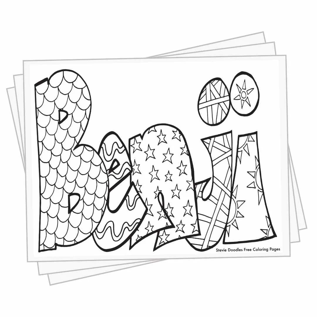 bubble letters "Benji" with doodles inside to color