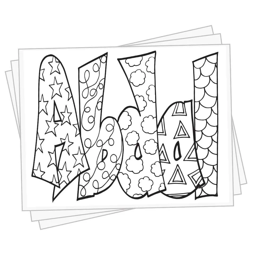 bubble letters "Abdal" with doodles inside to color